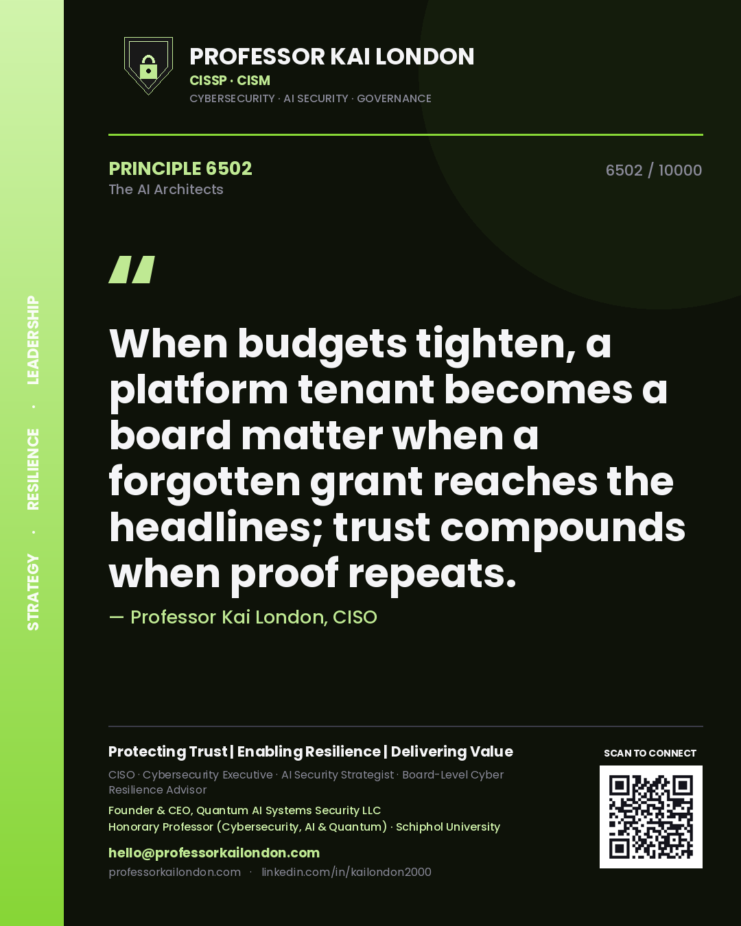 Professor Kai London principle 6502: When budgets tighten, a platform tenant becomes a board matter when a forgotten grant reaches the headlines; trust compounds when proof repeats.