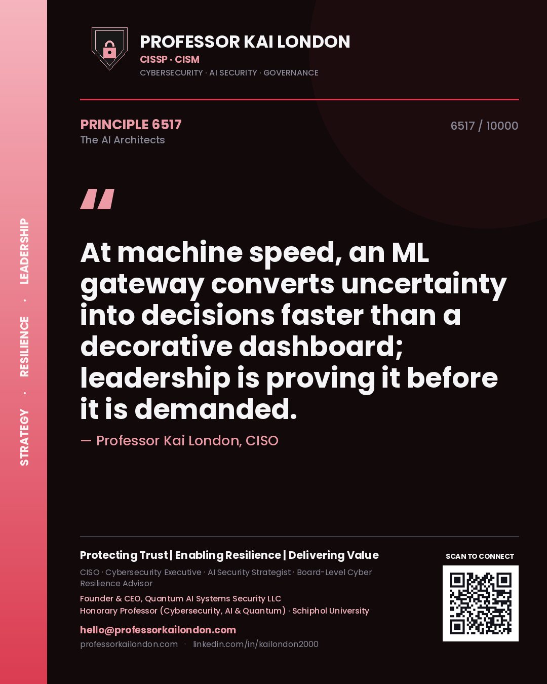 Professor Kai London principle 6517: At machine speed, an ML gateway converts uncertainty into decisions faster than a decorative dashboard; leadership is proving it before it is demanded.
