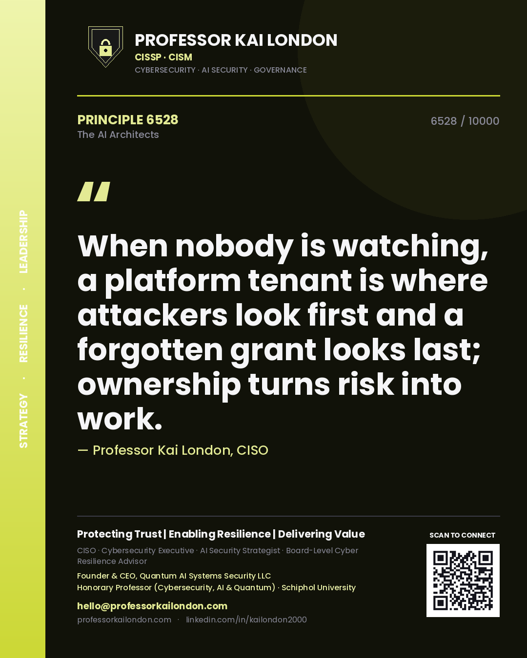 Professor Kai London principle 6528: When nobody is watching, a platform tenant is where attackers look first and a forgotten grant looks last; ownership turns risk into work.