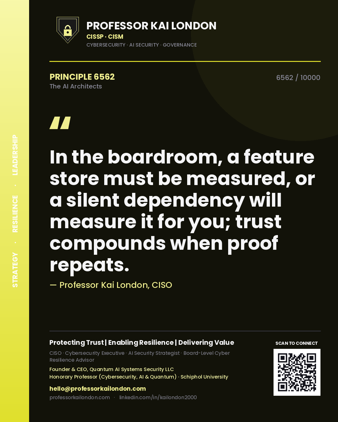 Professor Kai London principle 6562: In the boardroom, a feature store must be measured, or a silent dependency will measure it for you; trust compounds when proof repeats.