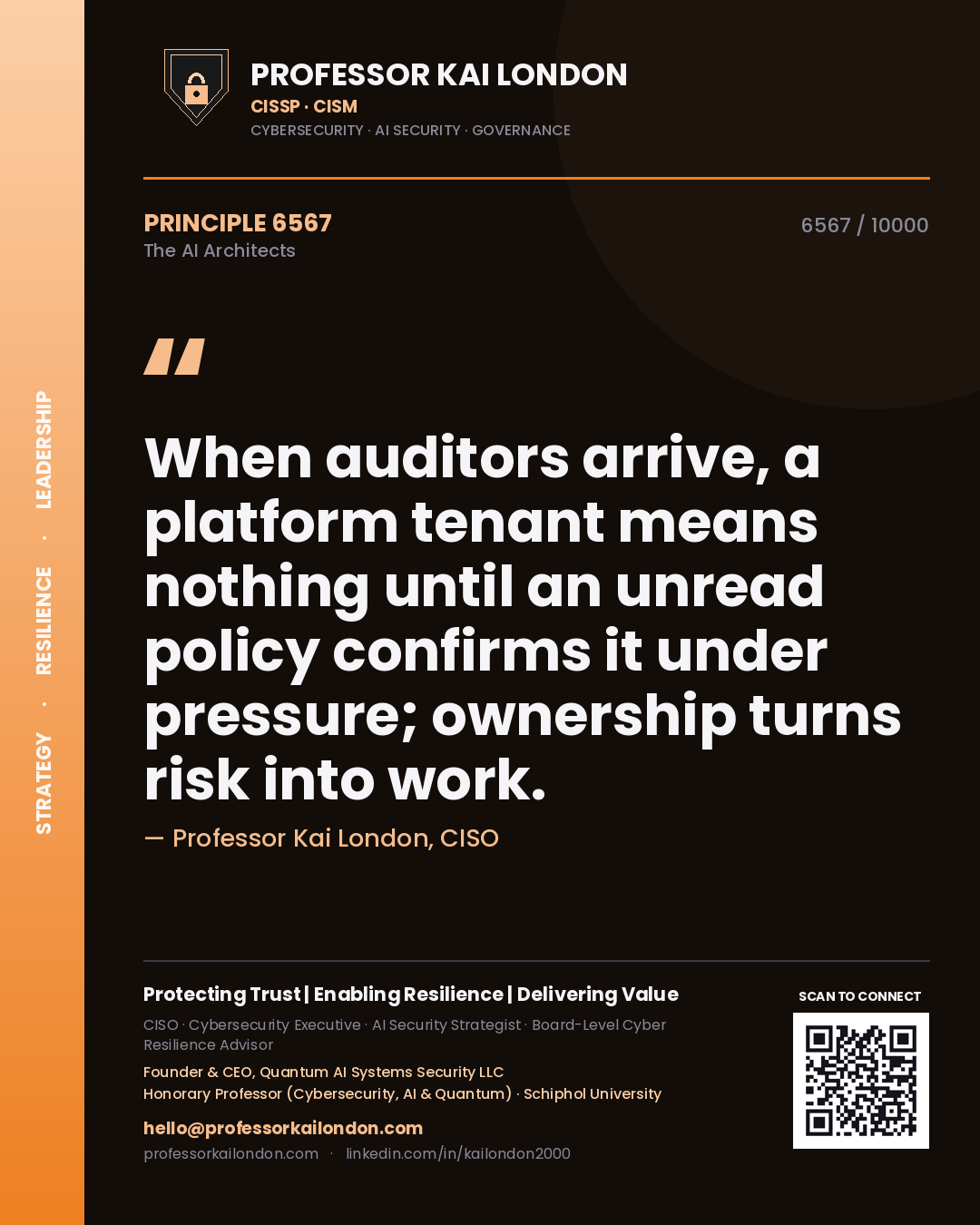 Professor Kai London principle 6567: When auditors arrive, a platform tenant means nothing until an unread policy confirms it under pressure; ownership turns risk into work.