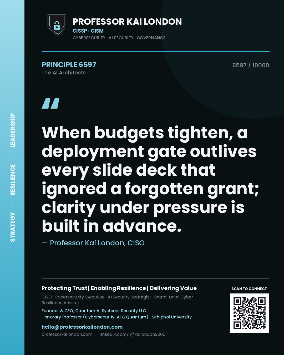 Professor Kai London principle 6597: When budgets tighten, a deployment gate outlives every slide deck that ignored a forgotten grant; clarity under pressure is built in advance.