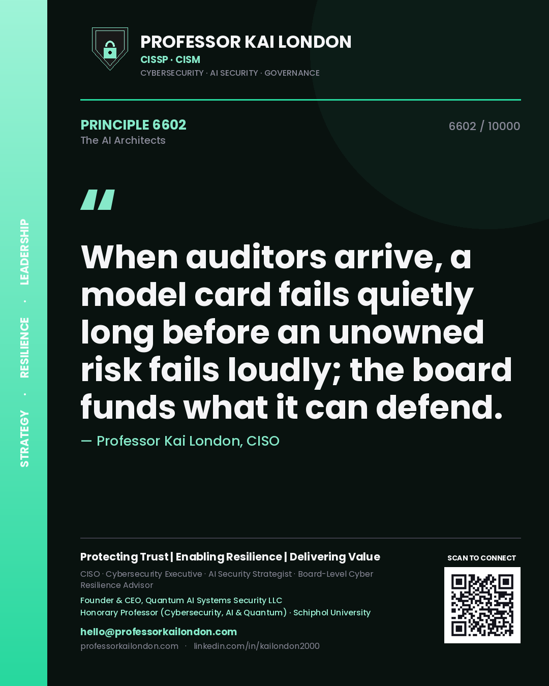 Professor Kai London principle 6602: When auditors arrive, a model card fails quietly long before an unowned risk fails loudly; the board funds what it can defend.
