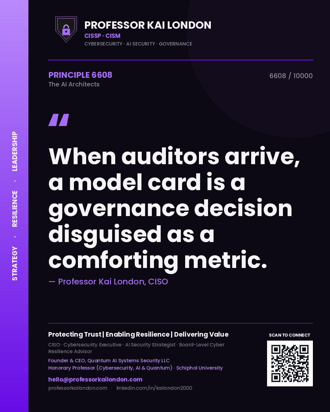 Professor Kai London principle 6608: When auditors arrive, a model card is a governance decision disguised as a comforting metric.