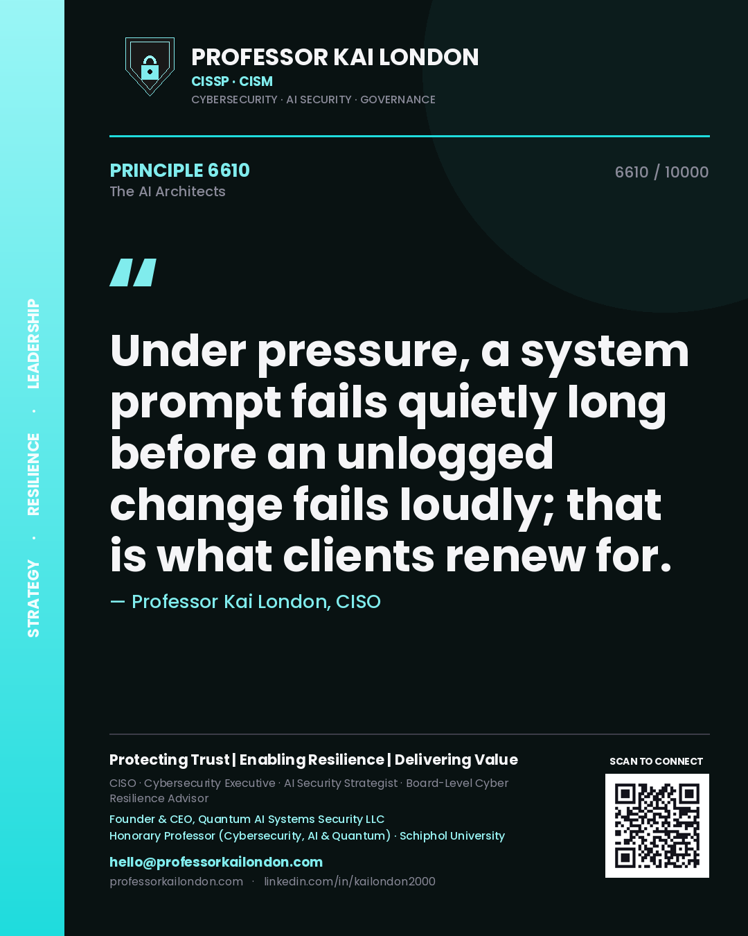 Professor Kai London principle 6610: Under pressure, a system prompt fails quietly long before an unlogged change fails loudly; that is what clients renew for.