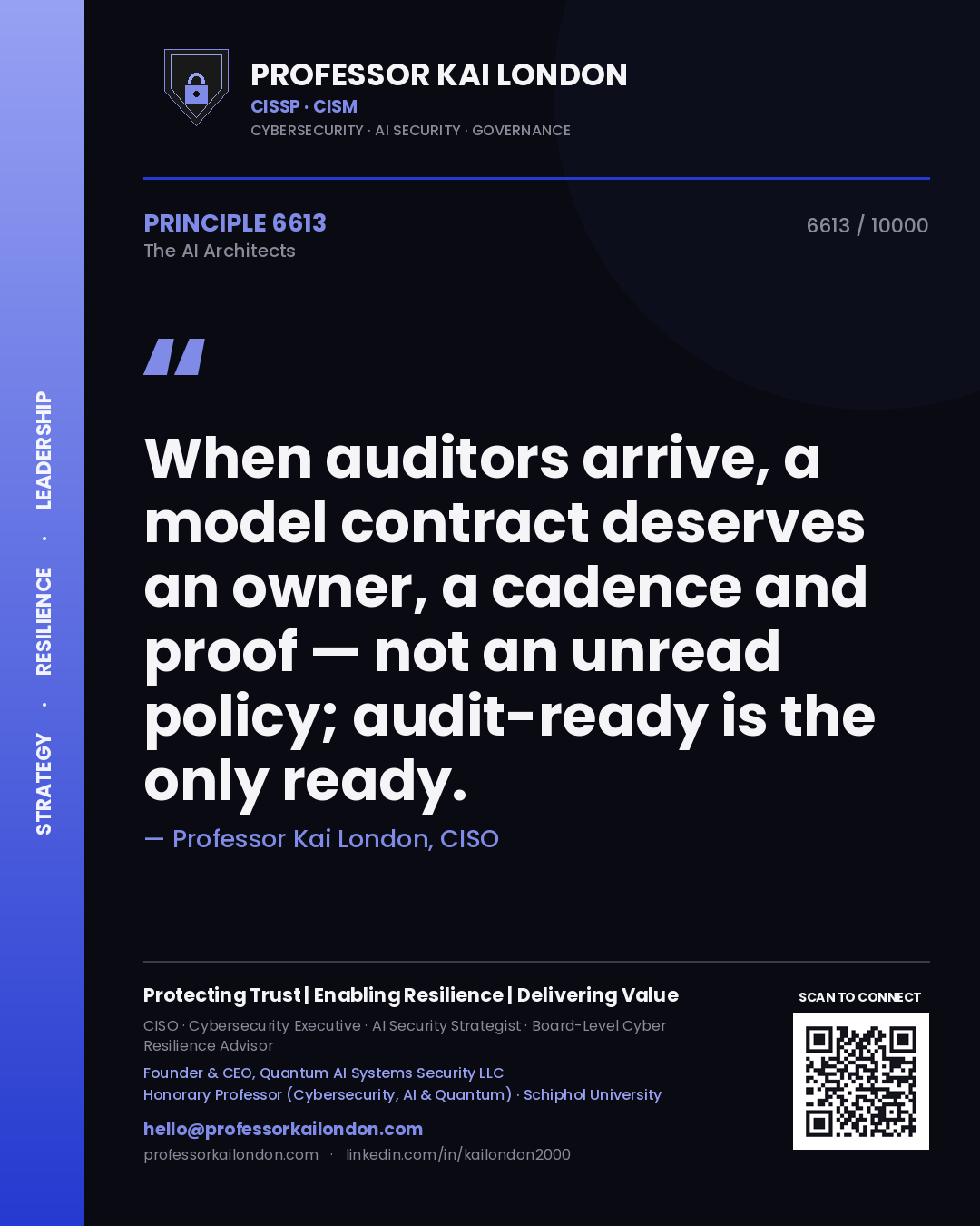 Professor Kai London principle 6613: When auditors arrive, a model contract deserves an owner, a cadence and proof — not an unread policy; audit-ready is the only ready.