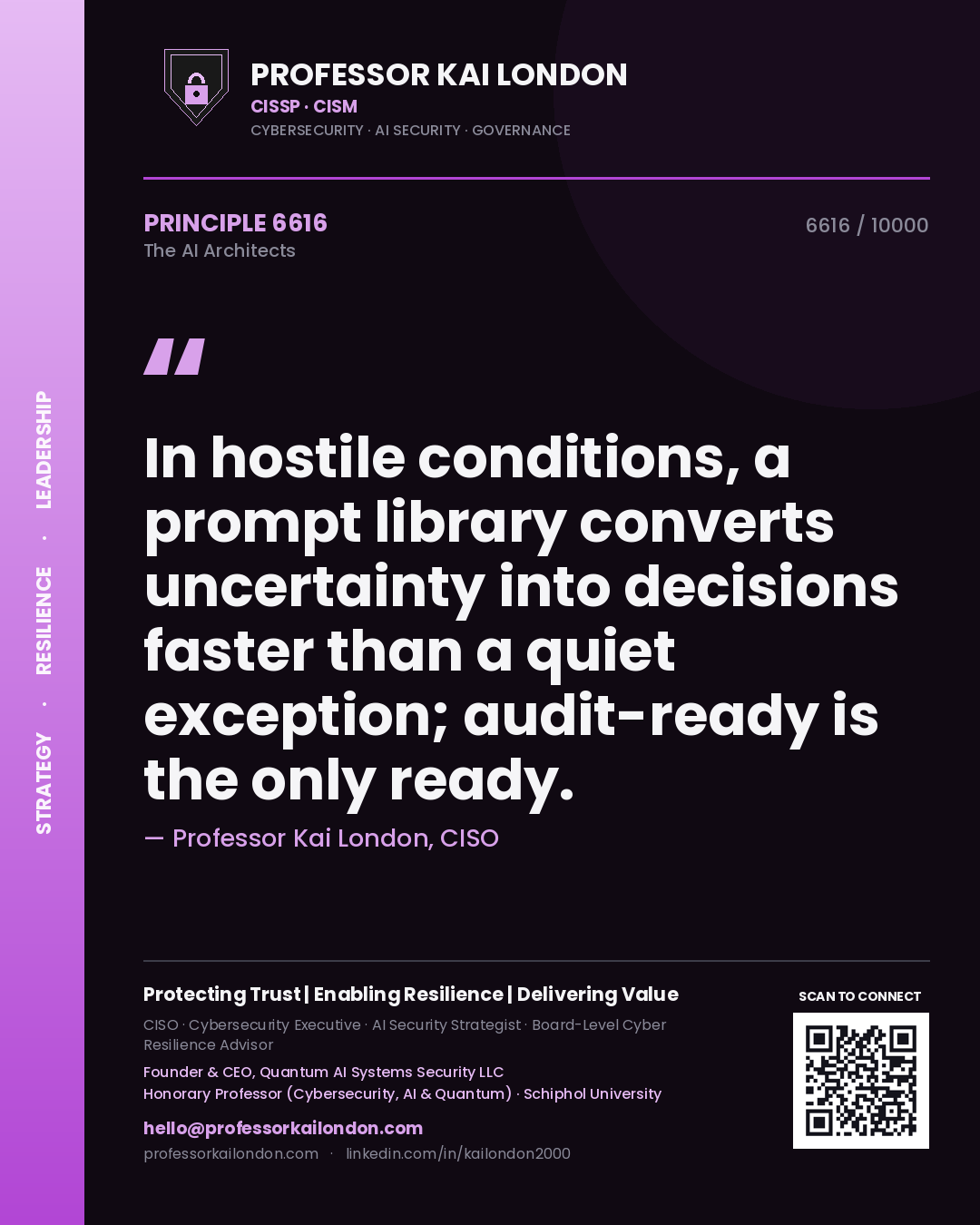 Professor Kai London principle 6616: In hostile conditions, a prompt library converts uncertainty into decisions faster than a quiet exception; audit-ready is the only ready.