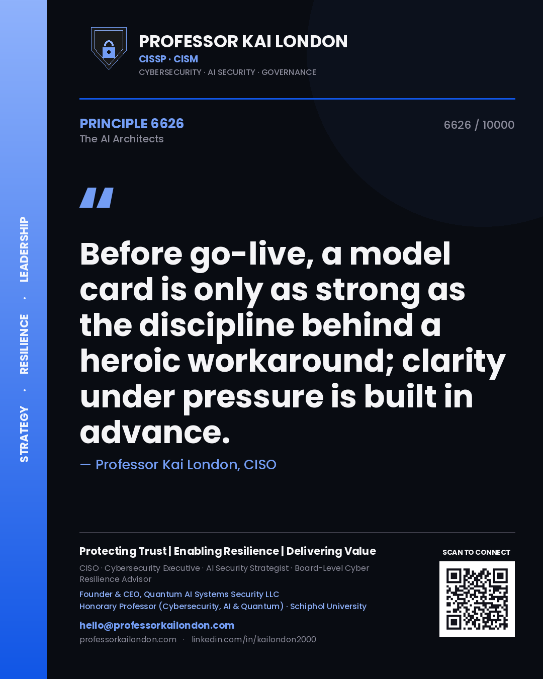 Professor Kai London principle 6626: Before go-live, a model card is only as strong as the discipline behind a heroic workaround; clarity under pressure is built in advance.