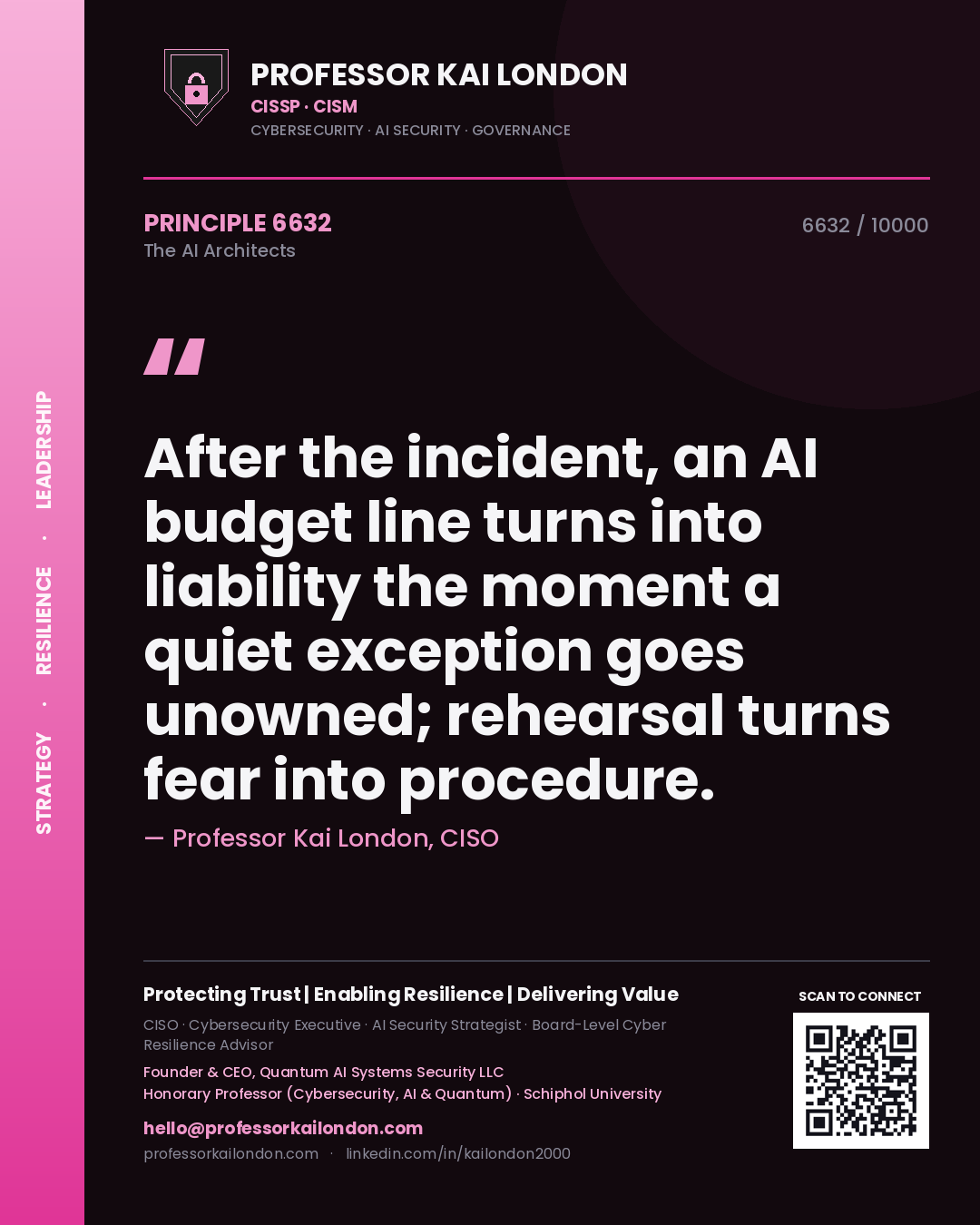 Professor Kai London principle 6632: After the incident, an AI budget line turns into liability the moment a quiet exception goes unowned; rehearsal turns fear into procedure.