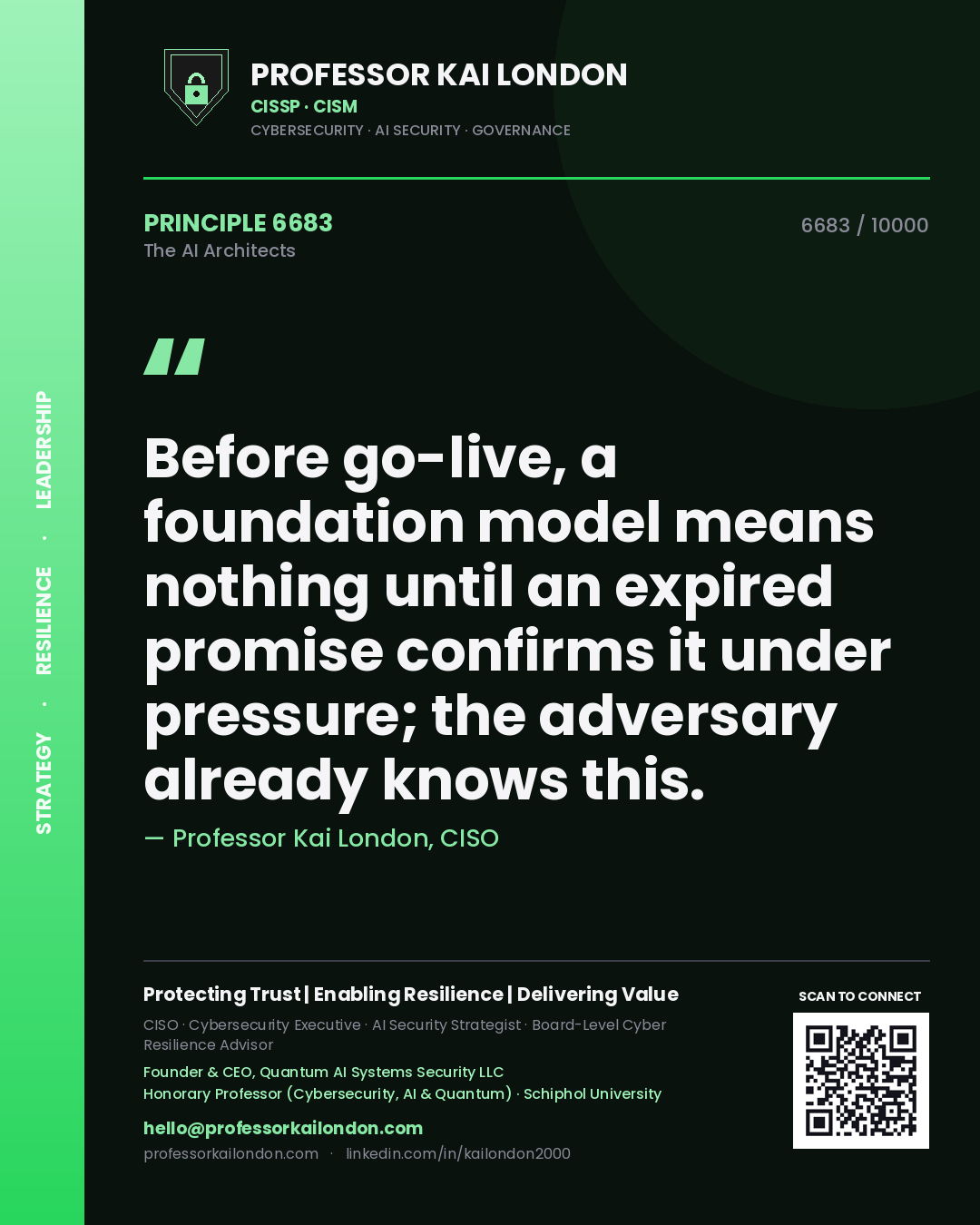 Professor Kai London principle 6683: Before go-live, a foundation model means nothing until an expired promise confirms it under pressure; the adversary already knows this.