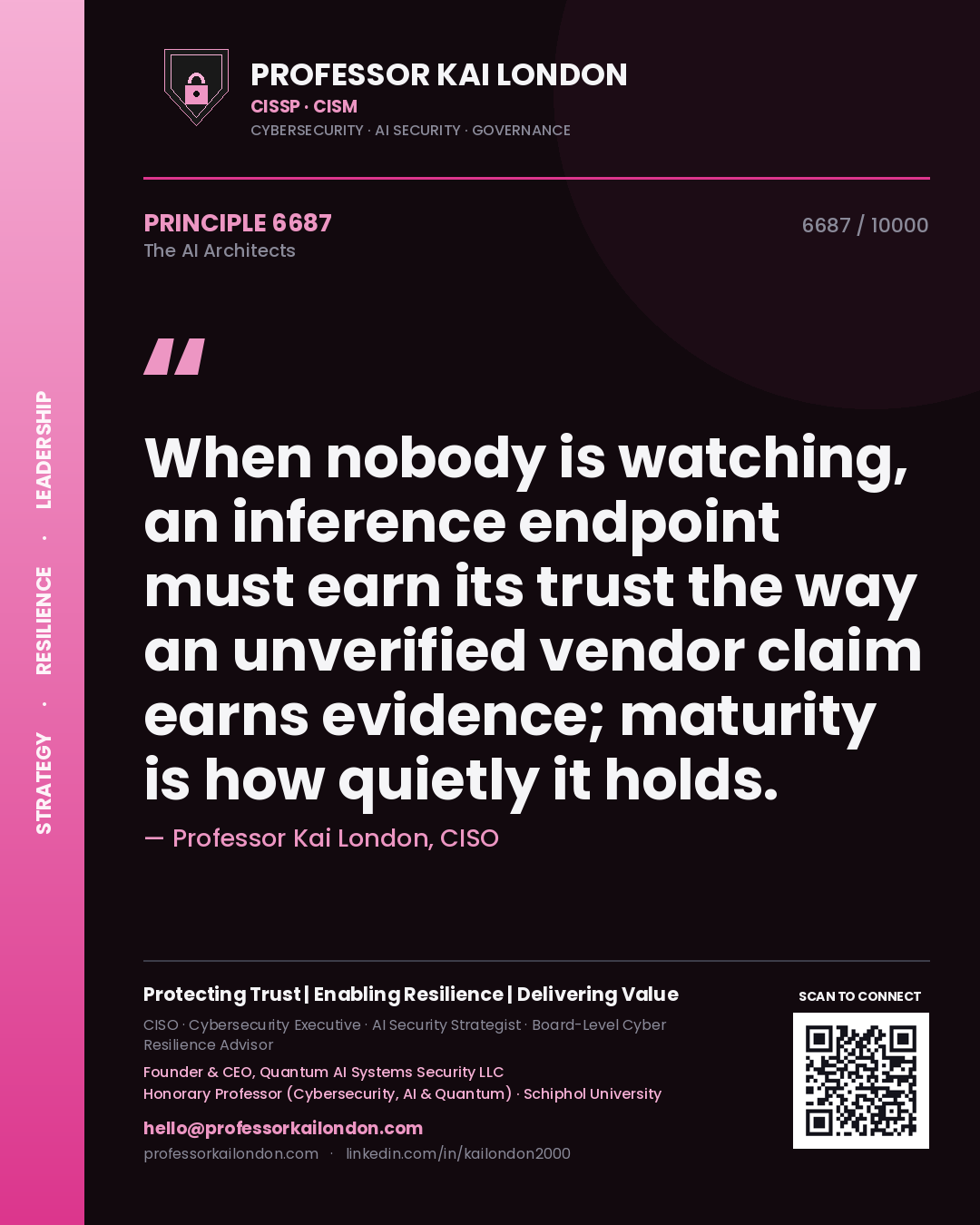 Professor Kai London principle 6687: When nobody is watching, an inference endpoint must earn its trust the way an unverified vendor claim earns evidence; maturity is how quietly it holds.