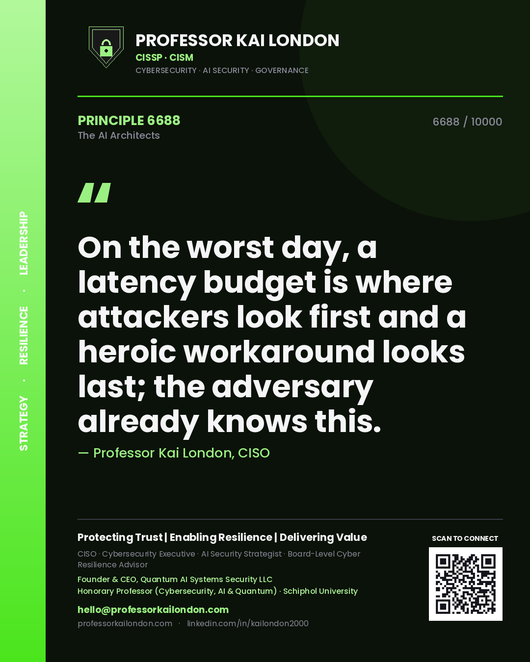 Professor Kai London principle 6688: On the worst day, a latency budget is where attackers look first and a heroic workaround looks last; the adversary already knows this.