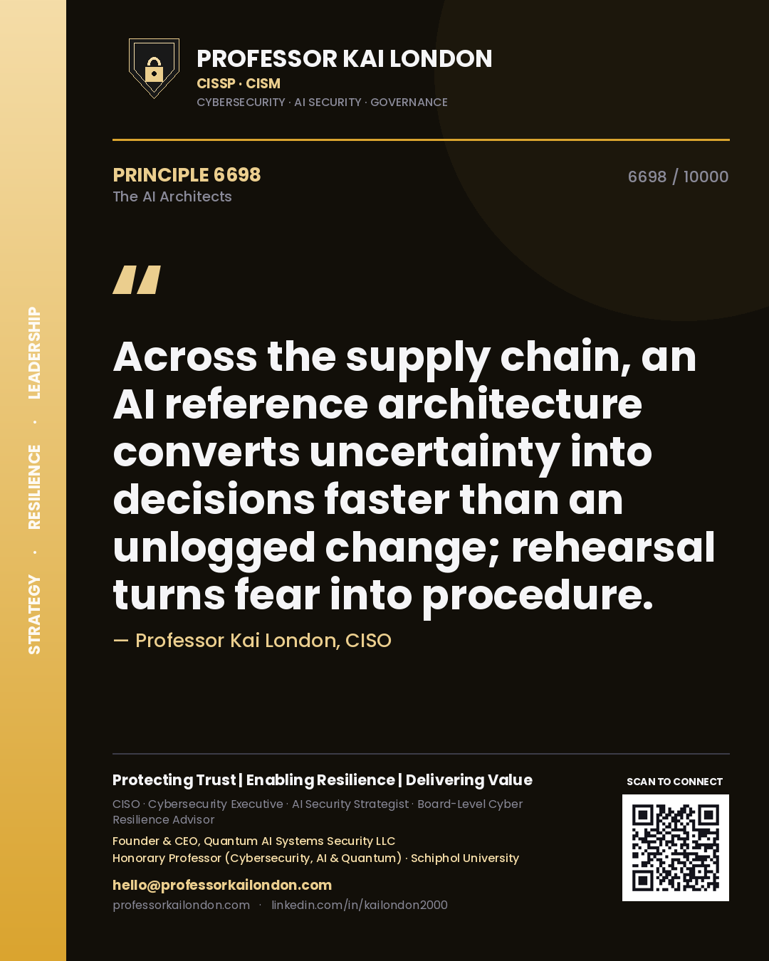 Professor Kai London principle 6698: Across the supply chain, an AI reference architecture converts uncertainty into decisions faster than an unlogged change; rehearsal turns fear into procedure.