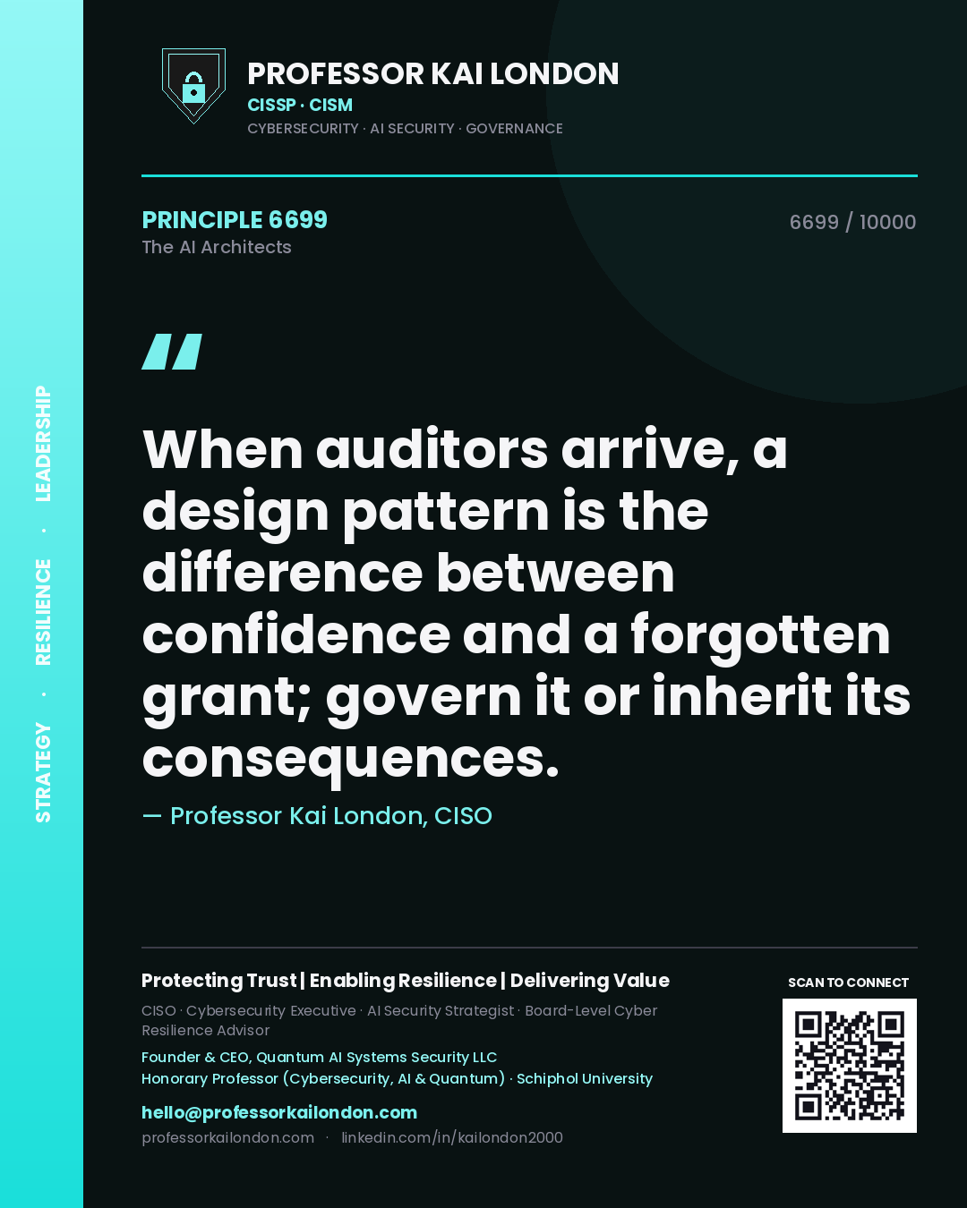 Professor Kai London principle 6699: When auditors arrive, a design pattern is the difference between confidence and a forgotten grant; govern it or inherit its consequences.