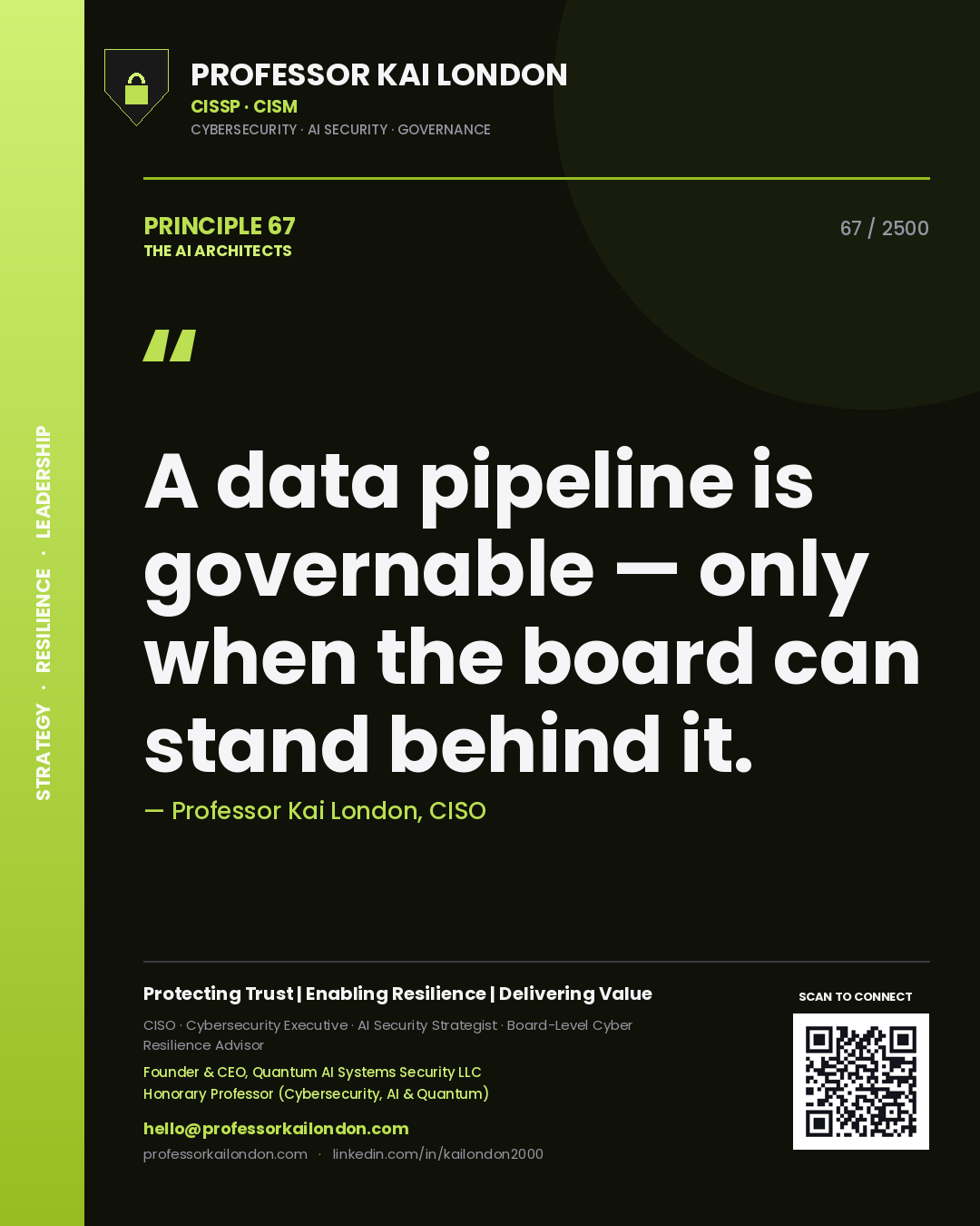 Professor Kai London principle 67: A data pipeline is governable — only when the board can stand behind it.