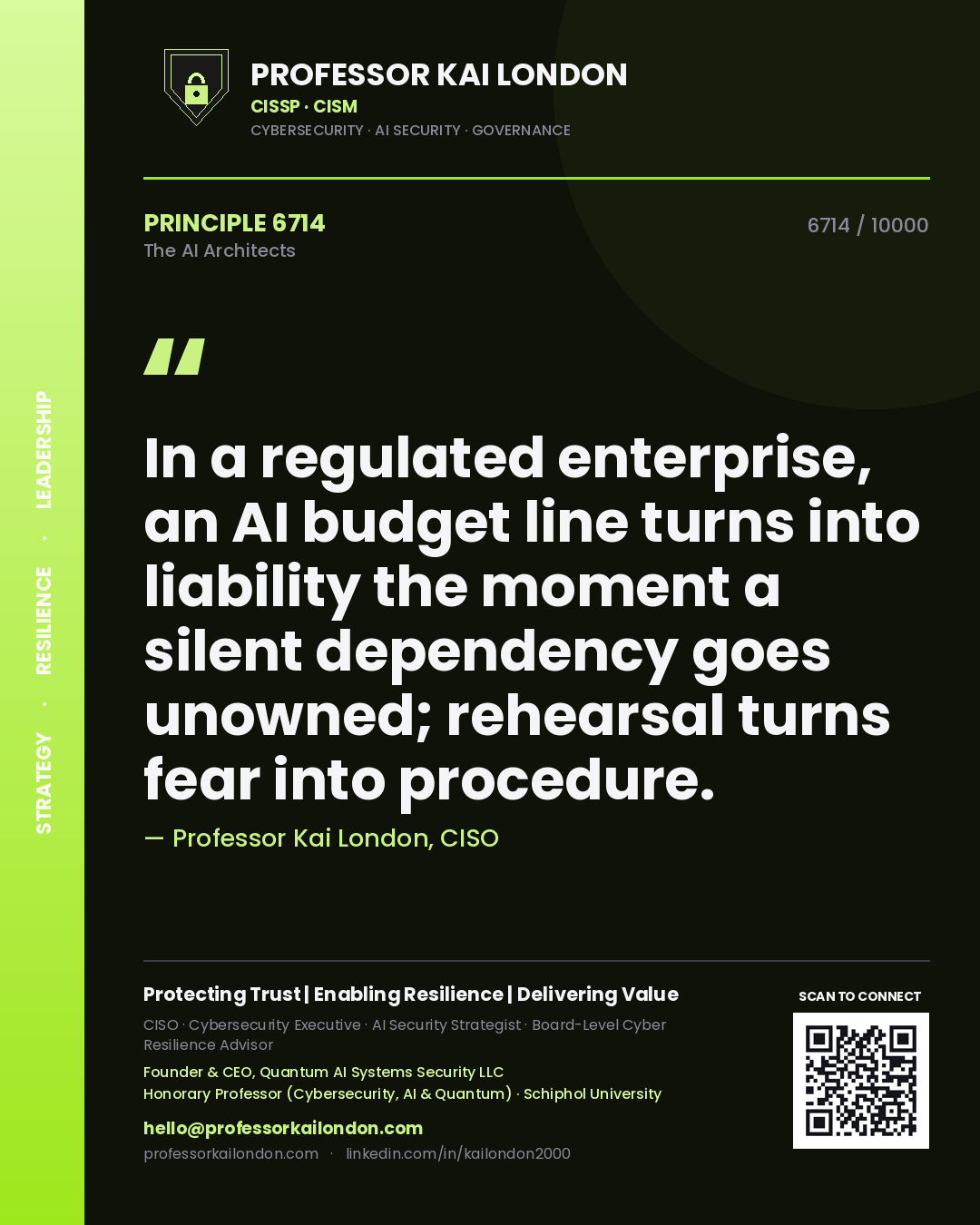 Professor Kai London principle 6714: In a regulated enterprise, an AI budget line turns into liability the moment a silent dependency goes unowned; rehearsal turns fear into procedure.