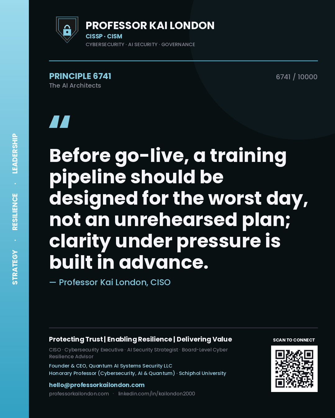 Professor Kai London principle 6741: Before go-live, a training pipeline should be designed for the worst day, not an unrehearsed plan; clarity under pressure is built in advance.