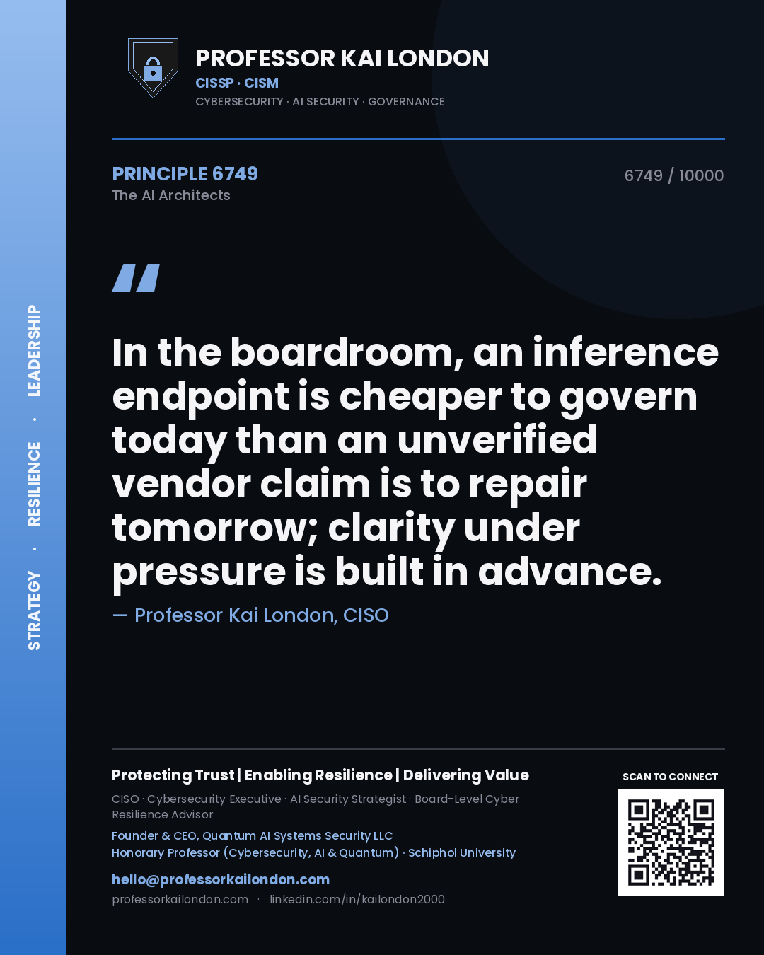 Professor Kai London principle 6749: In the boardroom, an inference endpoint is cheaper to govern today than an unverified vendor claim is to repair tomorrow; clarity under pressure is built in advance.
