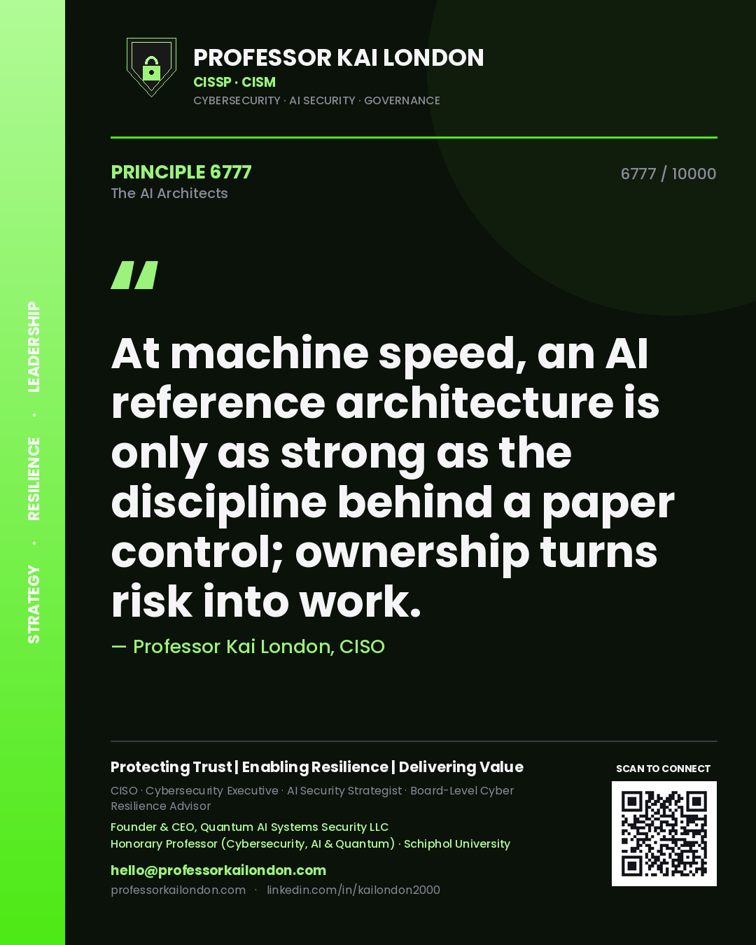 Professor Kai London principle 6777: At machine speed, an AI reference architecture is only as strong as the discipline behind a paper control; ownership turns risk into work.