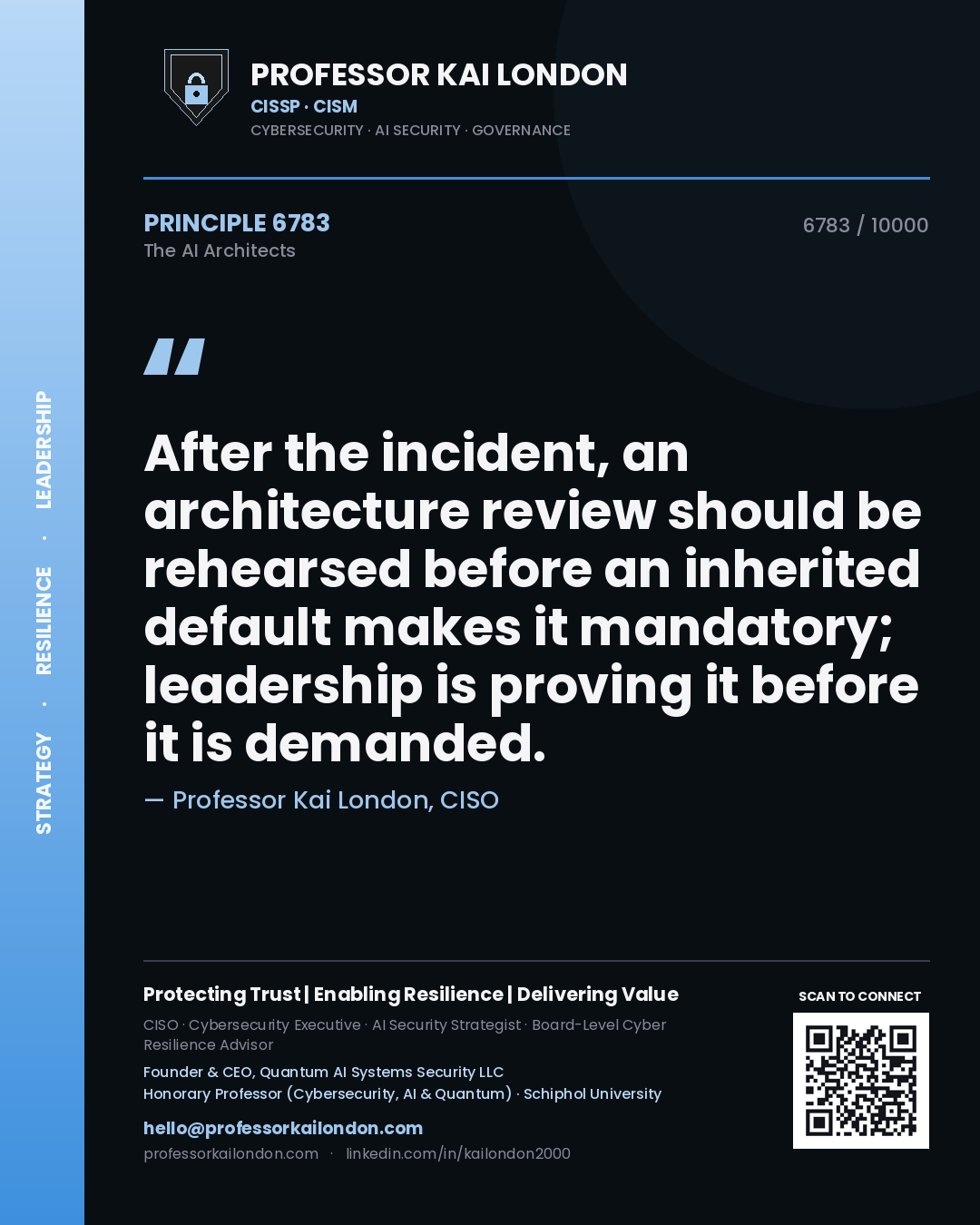 Professor Kai London principle 6783: After the incident, an architecture review should be rehearsed before an inherited default makes it mandatory; leadership is proving it before it is demanded.