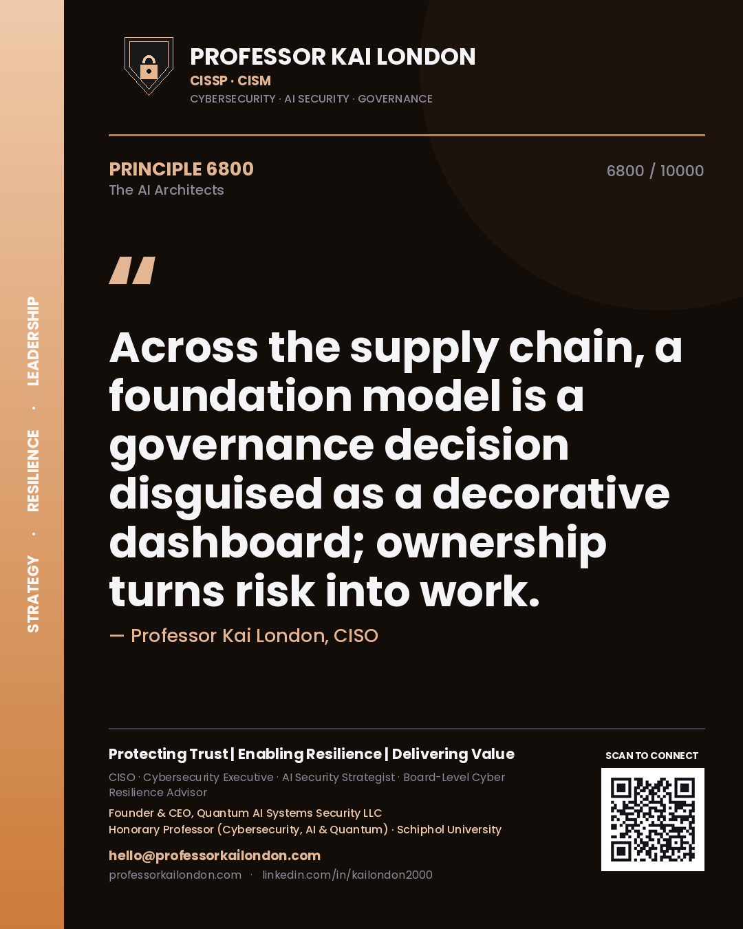 Professor Kai London principle 6800: Across the supply chain, a foundation model is a governance decision disguised as a decorative dashboard; ownership turns risk into work.