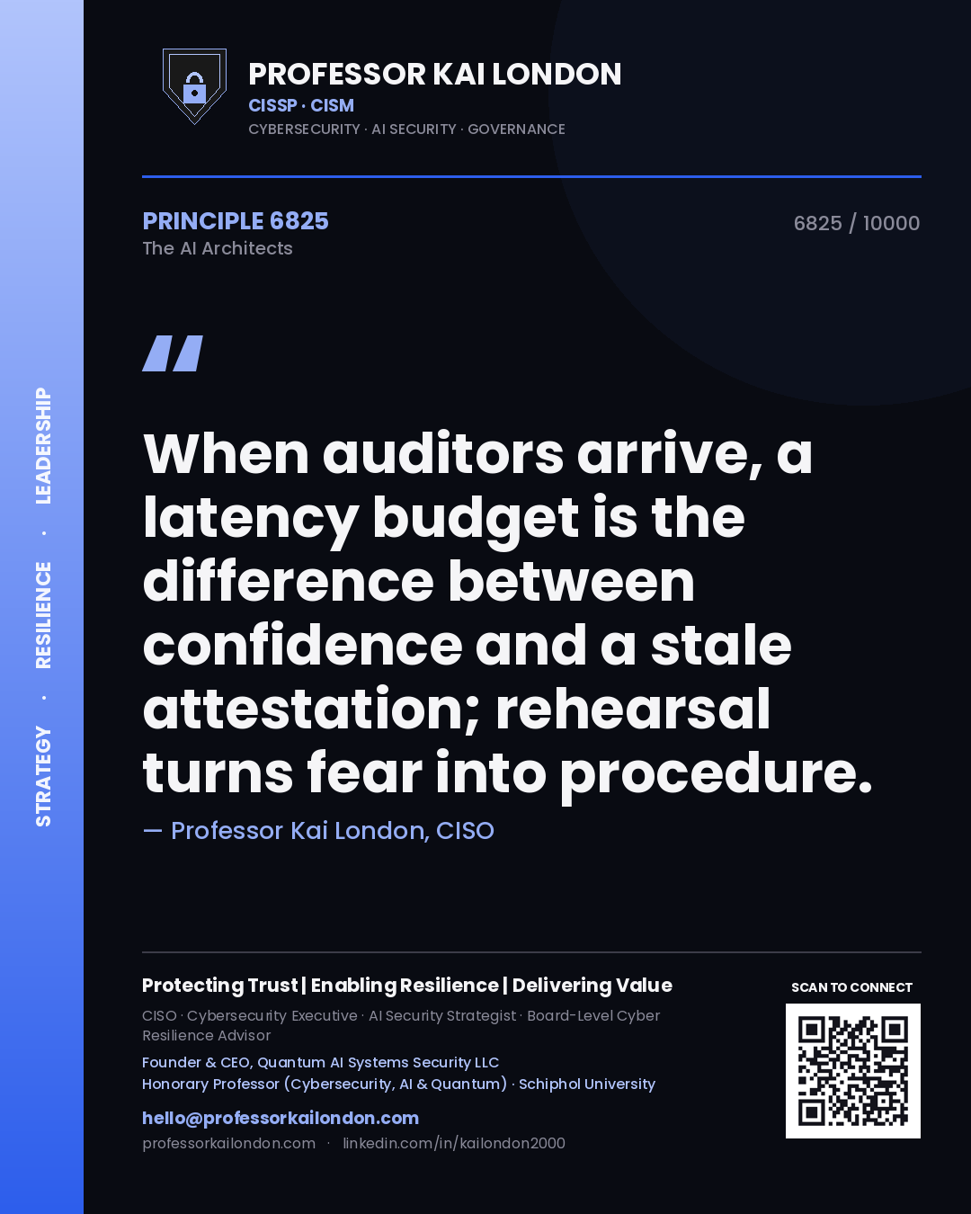 Professor Kai London principle 6825: When auditors arrive, a latency budget is the difference between confidence and a stale attestation; rehearsal turns fear into procedure.