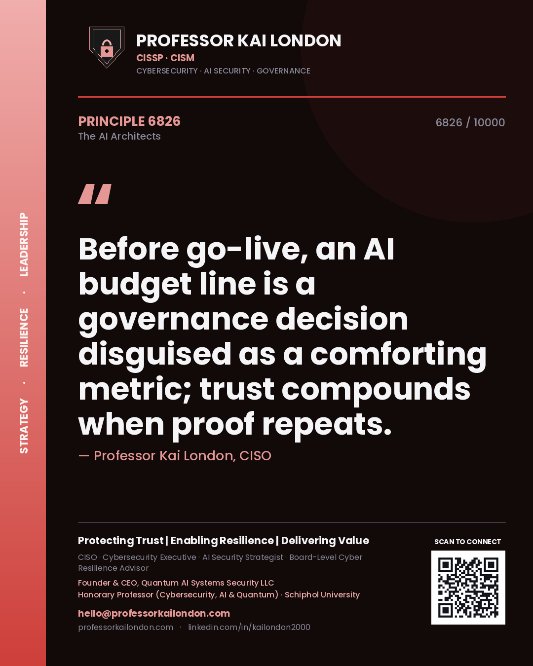 Professor Kai London principle 6826: Before go-live, an AI budget line is a governance decision disguised as a comforting metric; trust compounds when proof repeats.