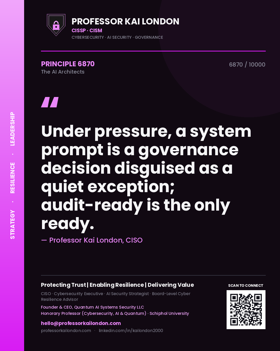 Professor Kai London principle 6870: Under pressure, a system prompt is a governance decision disguised as a quiet exception; audit-ready is the only ready.