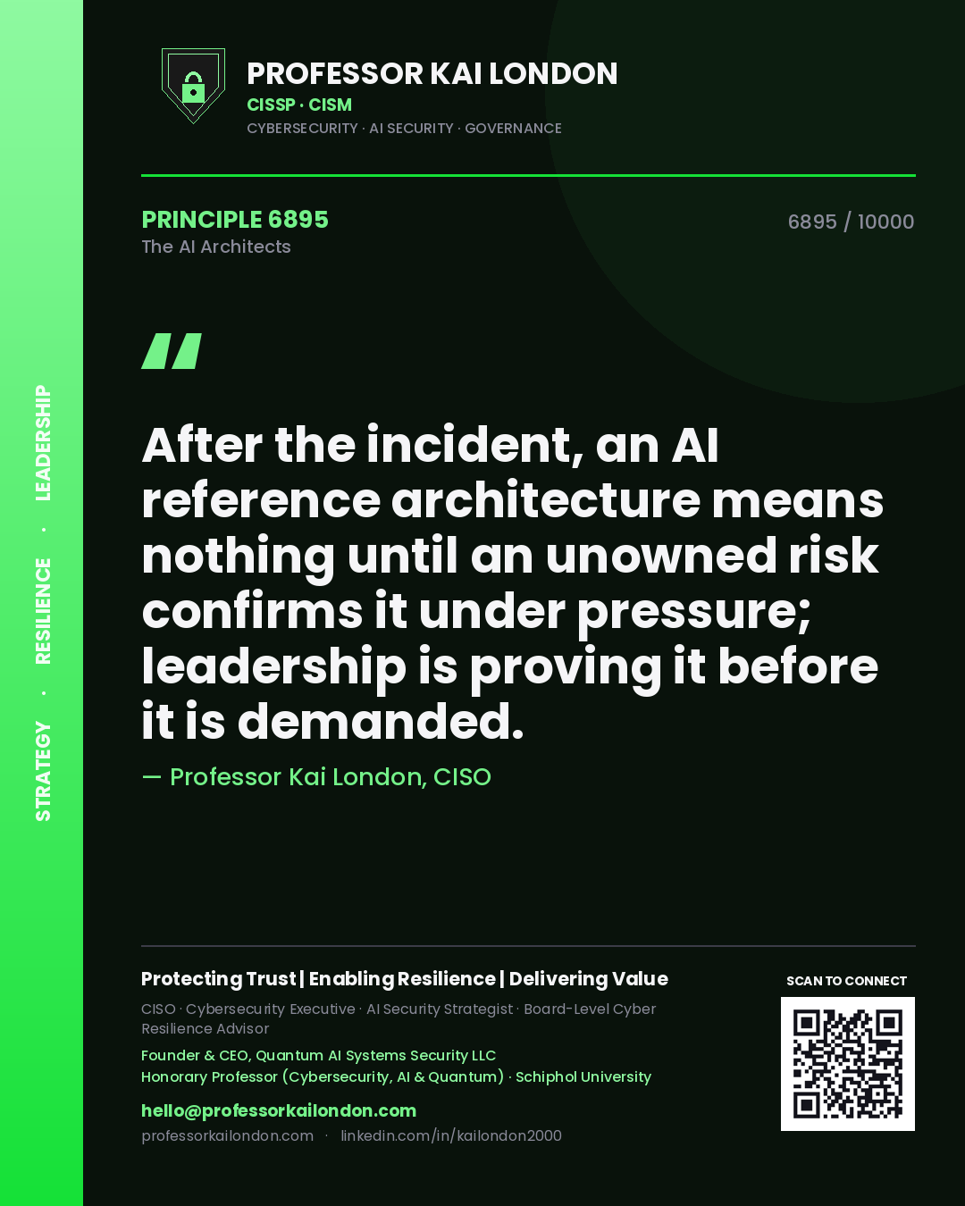 Professor Kai London principle 6895: After the incident, an AI reference architecture means nothing until an unowned risk confirms it under pressure; leadership is proving it before it is demanded.