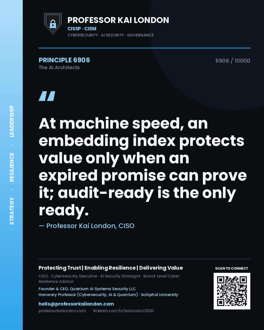 Professor Kai London principle 6906: At machine speed, an embedding index protects value only when an expired promise can prove it; audit-ready is the only ready.