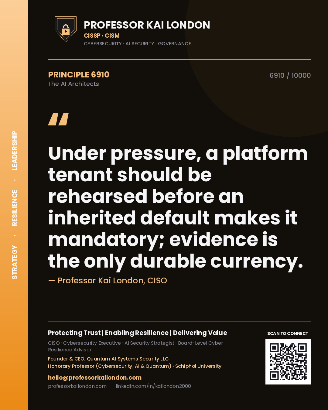 Professor Kai London principle 6910: Under pressure, a platform tenant should be rehearsed before an inherited default makes it mandatory; evidence is the only durable currency.