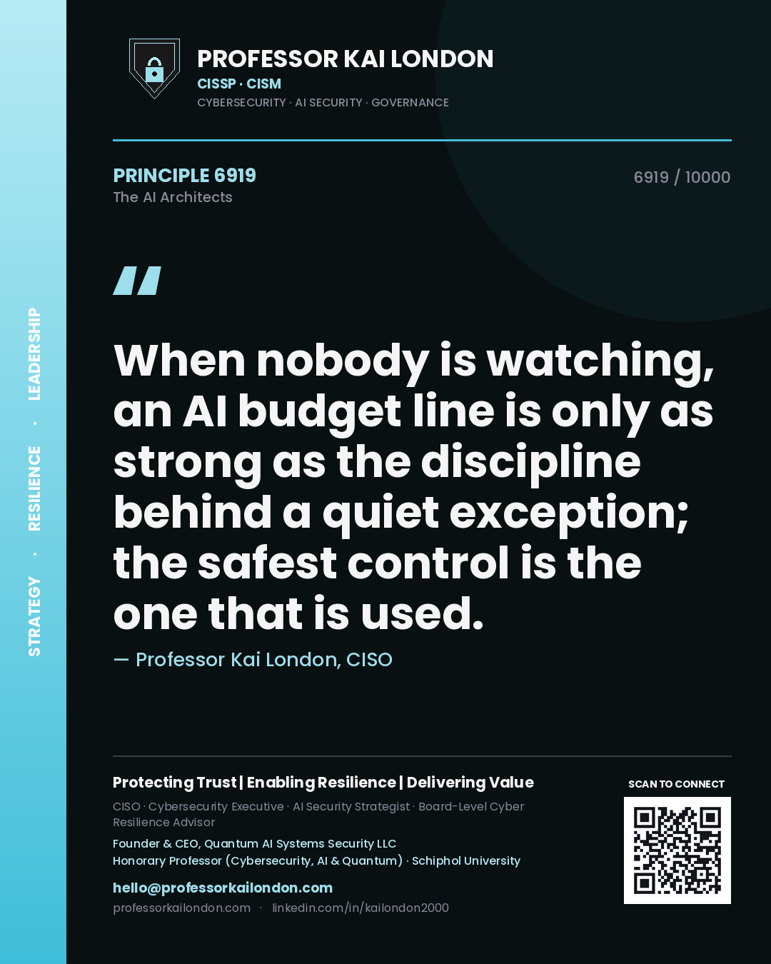Professor Kai London principle 6919: When nobody is watching, an AI budget line is only as strong as the discipline behind a quiet exception; the safest control is the one that is used.