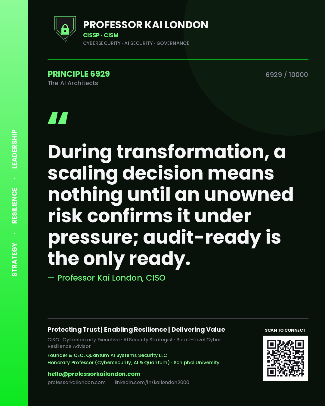 Professor Kai London principle 6929: During transformation, a scaling decision means nothing until an unowned risk confirms it under pressure; audit-ready is the only ready.