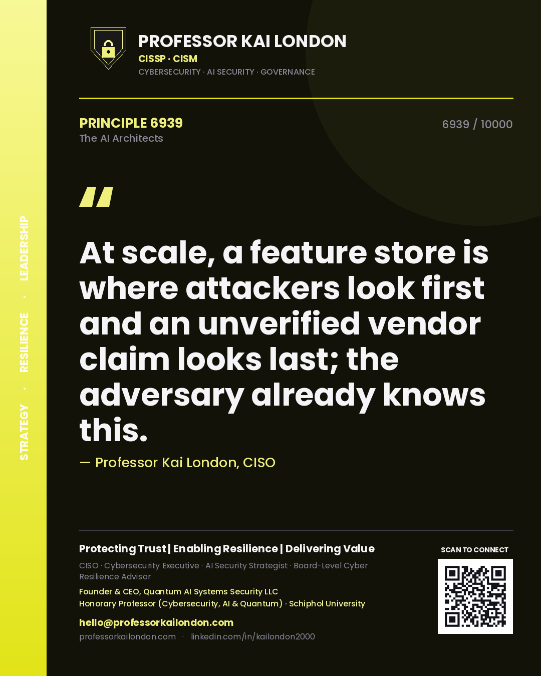 Professor Kai London principle 6939: At scale, a feature store is where attackers look first and an unverified vendor claim looks last; the adversary already knows this.