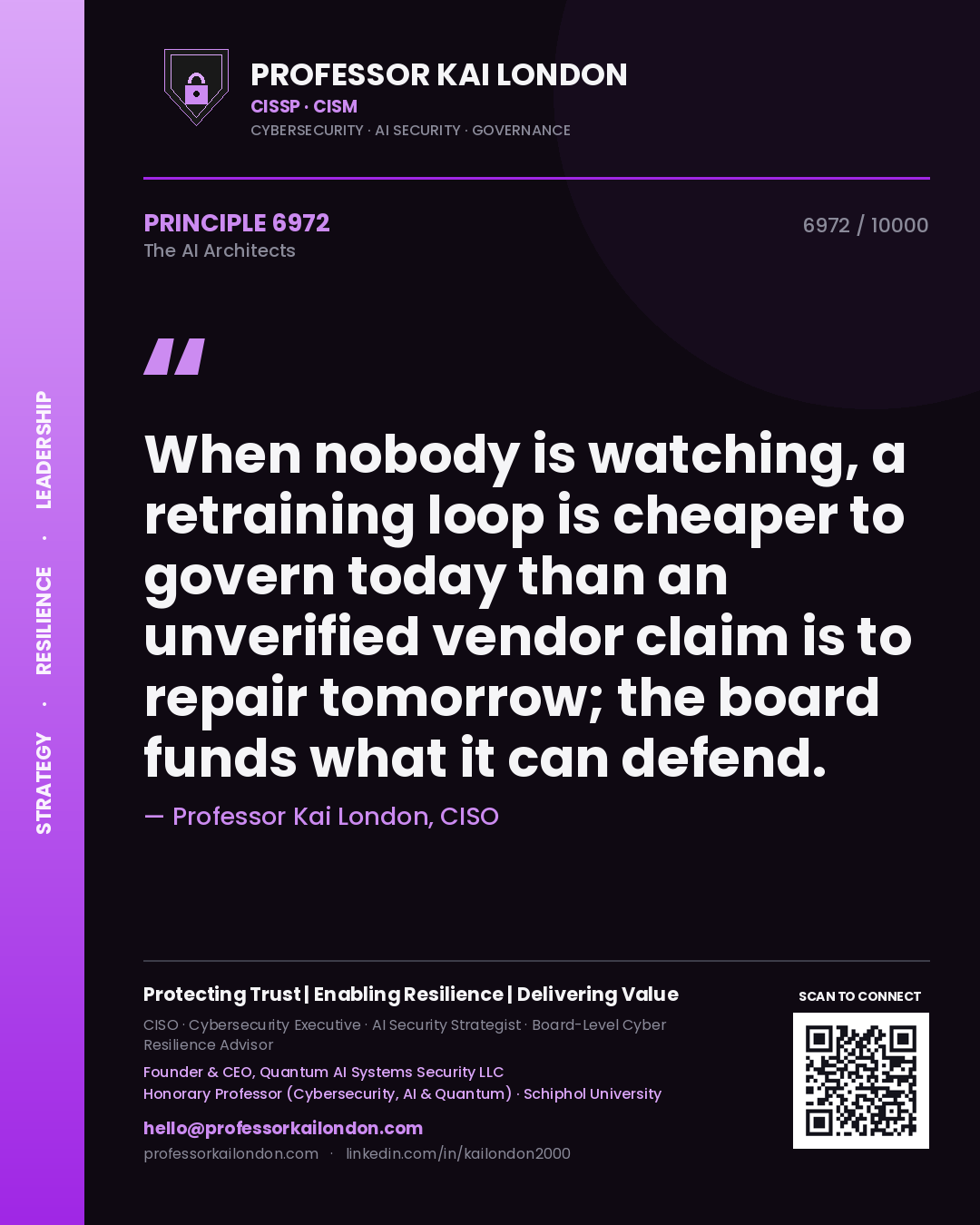 Professor Kai London principle 6972: When nobody is watching, a retraining loop is cheaper to govern today than an unverified vendor claim is to repair tomorrow; the board funds what it can defend.
