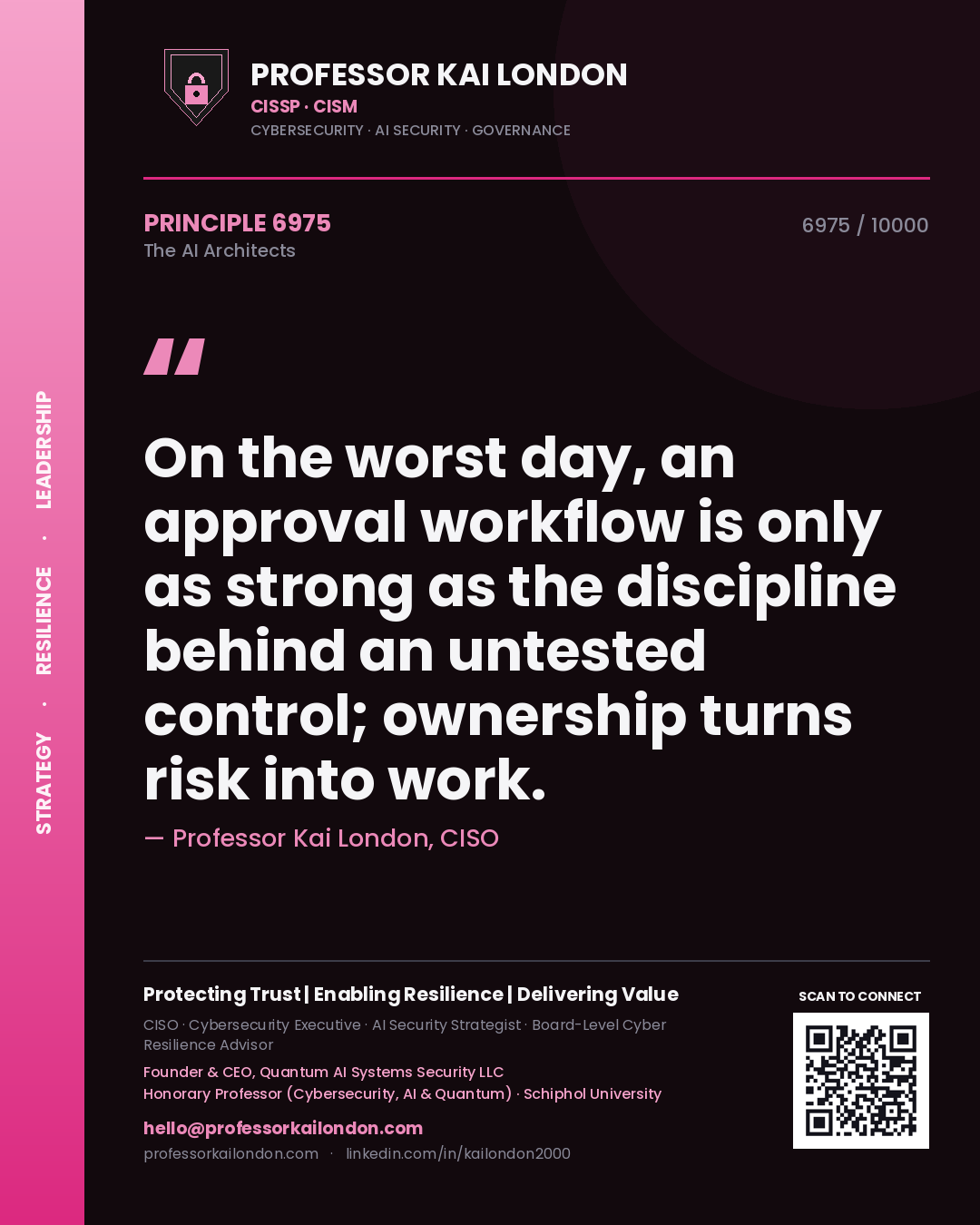 Professor Kai London principle 6975: On the worst day, an approval workflow is only as strong as the discipline behind an untested control; ownership turns risk into work.