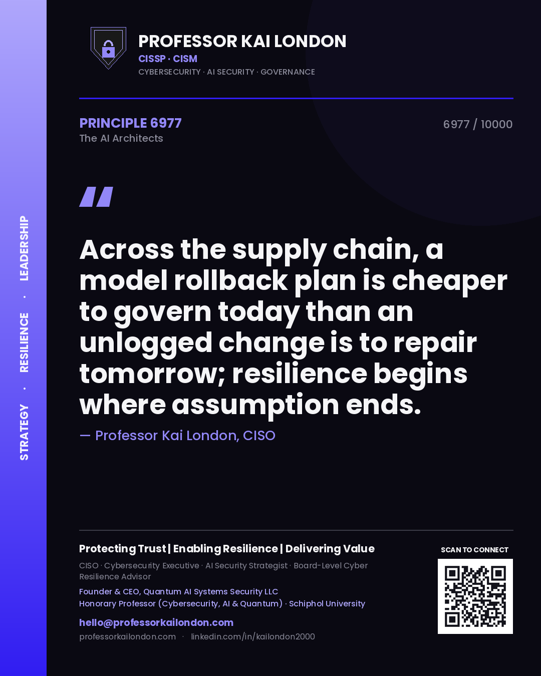 Professor Kai London principle 6977: Across the supply chain, a model rollback plan is cheaper to govern today than an unlogged change is to repair tomorrow; resilience begins where assumption ends.