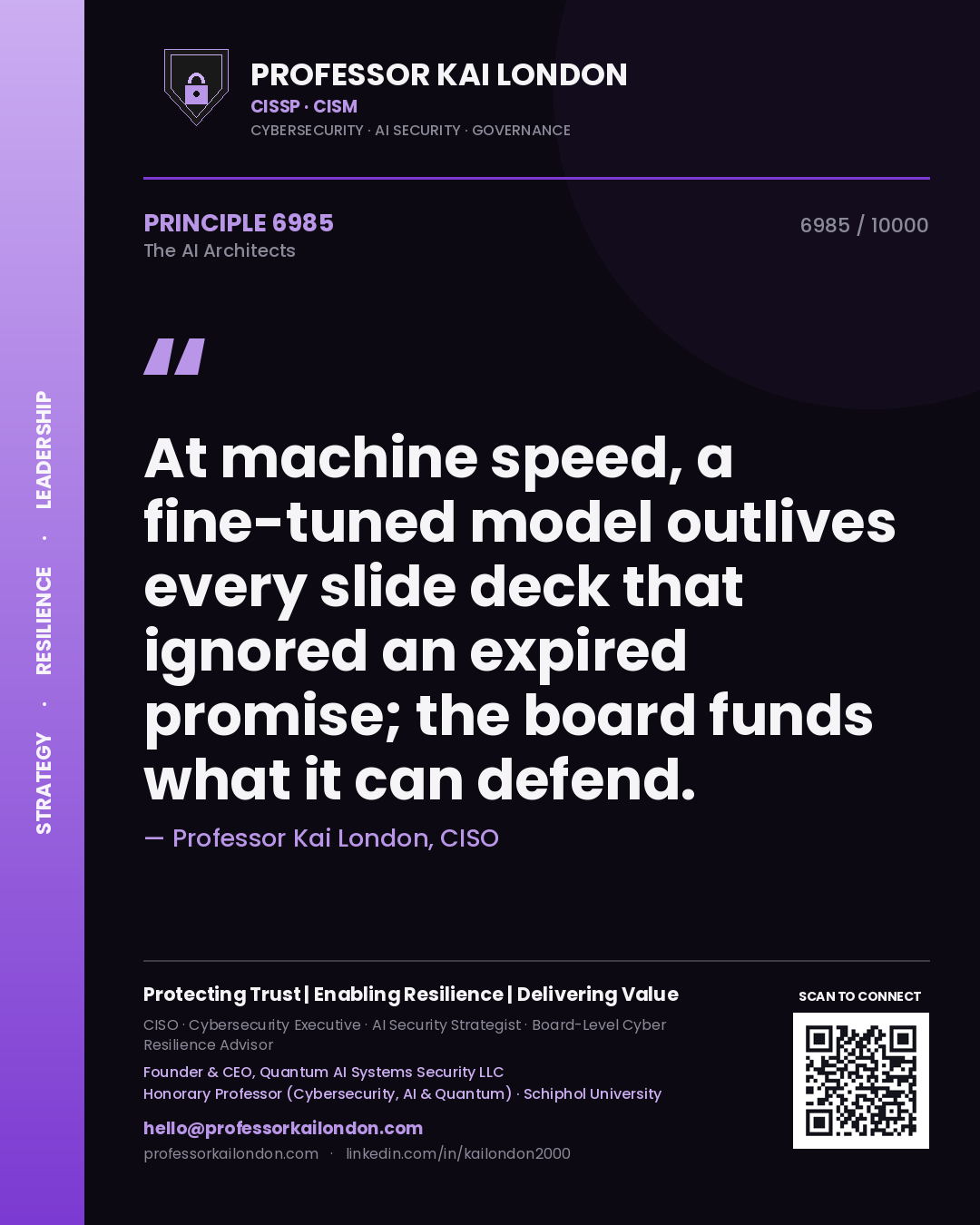 Professor Kai London principle 6985: At machine speed, a fine-tuned model outlives every slide deck that ignored an expired promise; the board funds what it can defend.