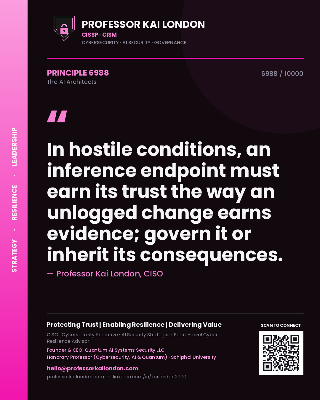 Professor Kai London principle 6988: In hostile conditions, an inference endpoint must earn its trust the way an unlogged change earns evidence; govern it or inherit its consequences.