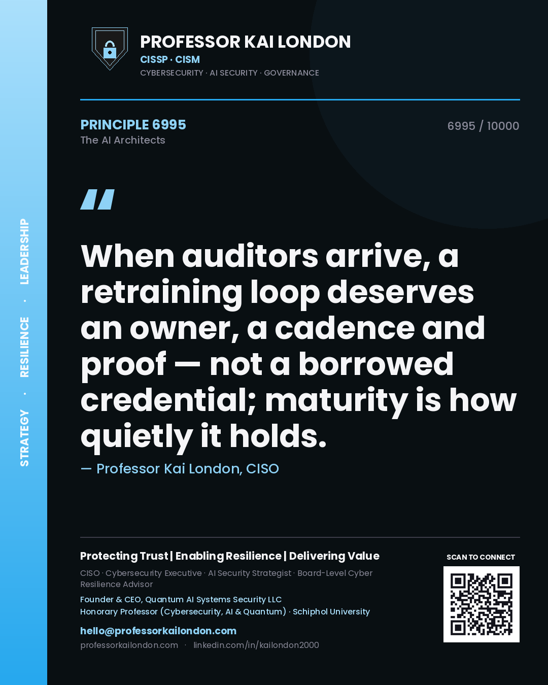 Professor Kai London principle 6995: When auditors arrive, a retraining loop deserves an owner, a cadence and proof — not a borrowed credential; maturity is how quietly it holds.