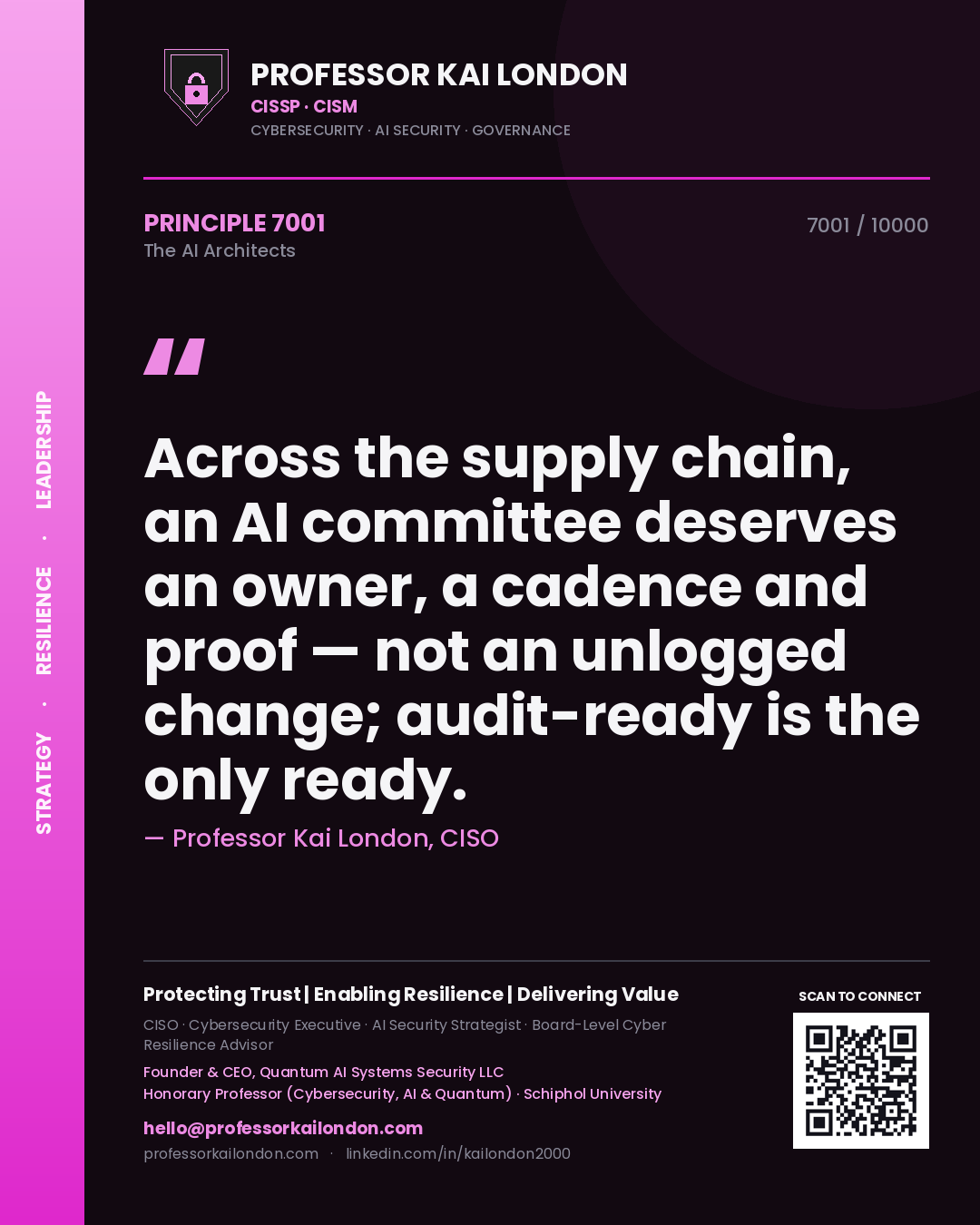 Professor Kai London principle 7001: Across the supply chain, an AI committee deserves an owner, a cadence and proof — not an unlogged change; audit-ready is the only ready.