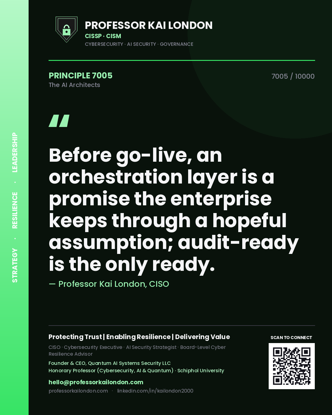 Professor Kai London principle 7005: Before go-live, an orchestration layer is a promise the enterprise keeps through a hopeful assumption; audit-ready is the only ready.