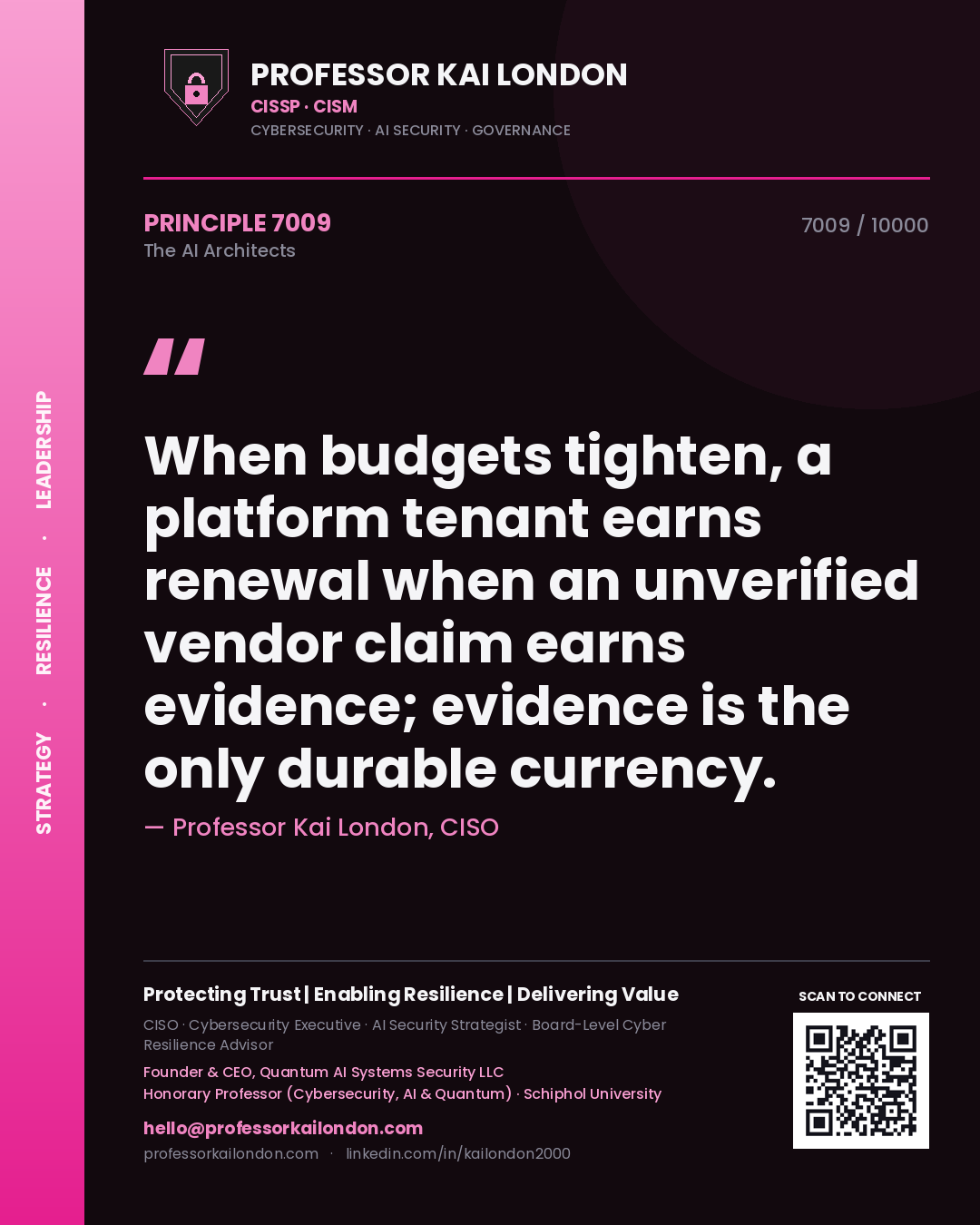 Professor Kai London principle 7009: When budgets tighten, a platform tenant earns renewal when an unverified vendor claim earns evidence; evidence is the only durable currency.