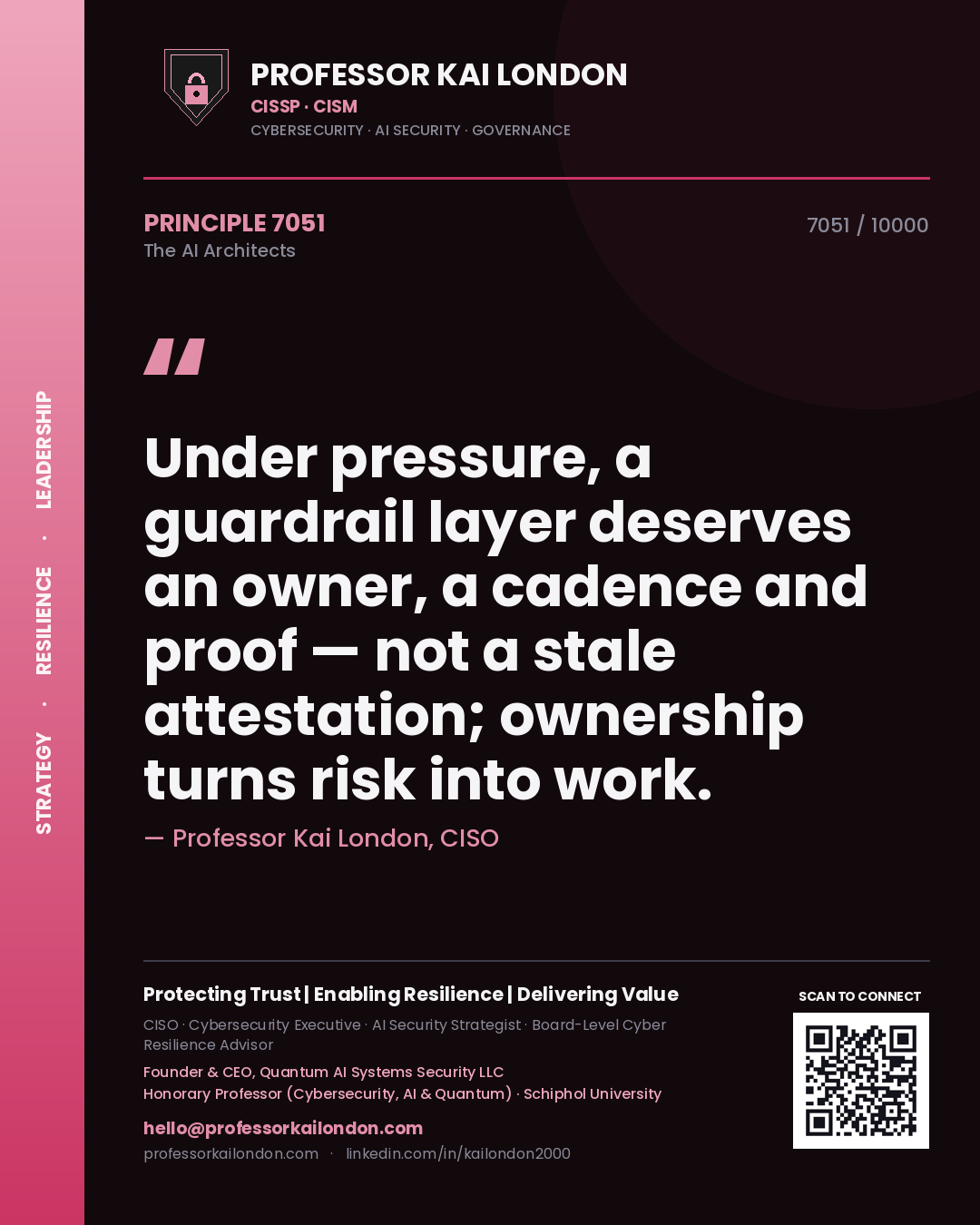 Professor Kai London principle 7051: Under pressure, a guardrail layer deserves an owner, a cadence and proof — not a stale attestation; ownership turns risk into work.