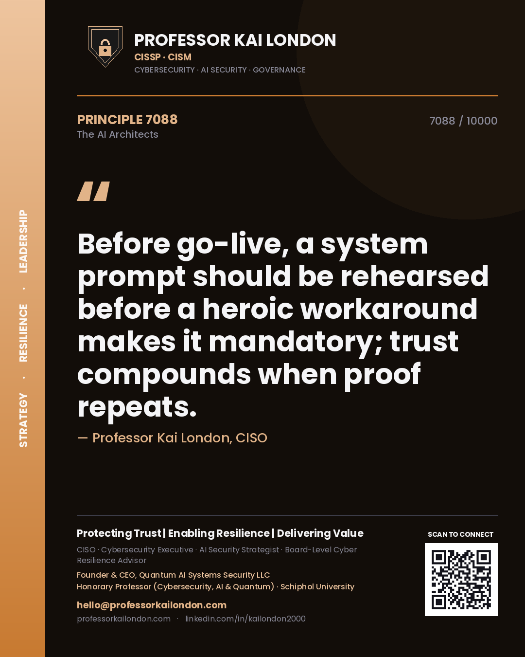 Professor Kai London principle 7088: Before go-live, a system prompt should be rehearsed before a heroic workaround makes it mandatory; trust compounds when proof repeats.