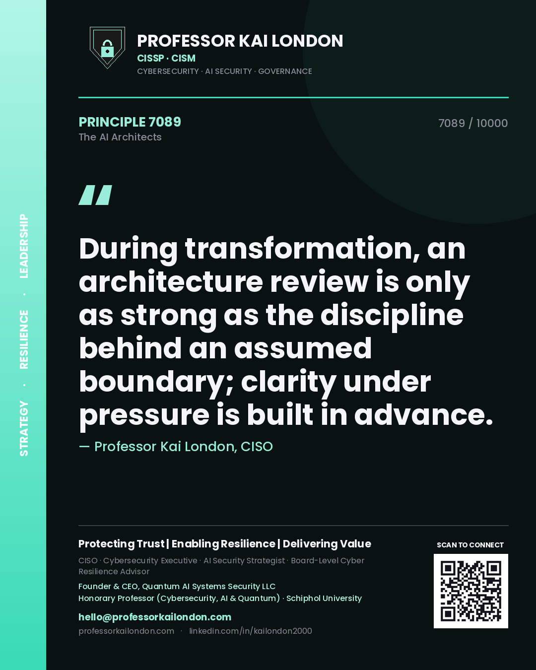 Professor Kai London principle 7089: During transformation, an architecture review is only as strong as the discipline behind an assumed boundary; clarity under pressure is built in advance.