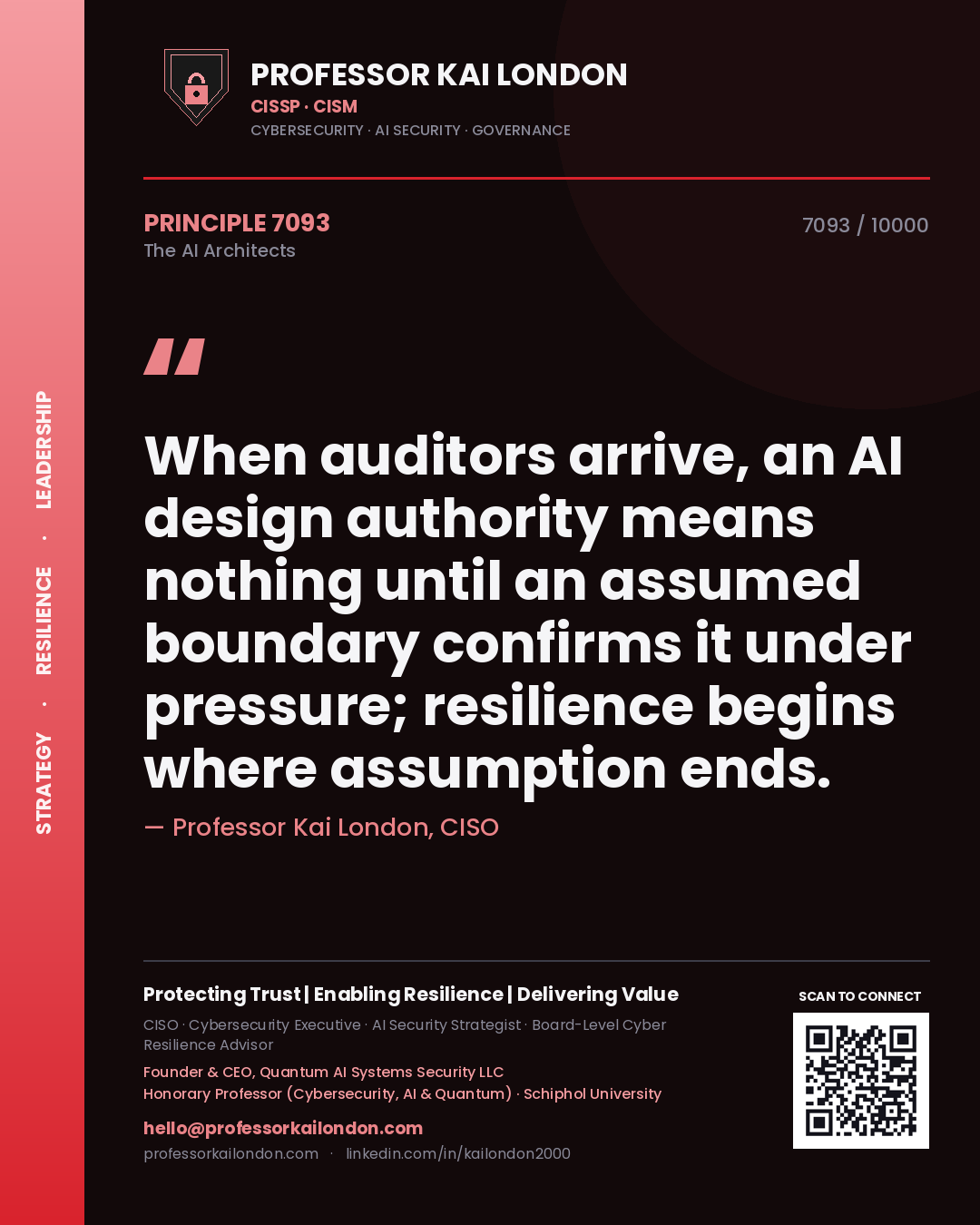 Professor Kai London principle 7093: When auditors arrive, an AI design authority means nothing until an assumed boundary confirms it under pressure; resilience begins where assumption ends.
