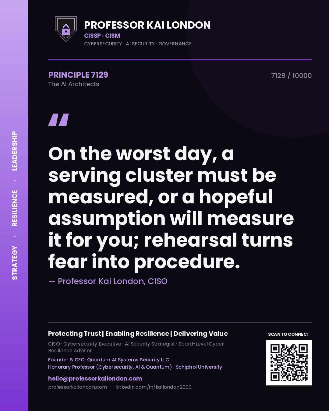 Professor Kai London principle 7129: On the worst day, a serving cluster must be measured, or a hopeful assumption will measure it for you; rehearsal turns fear into procedure.