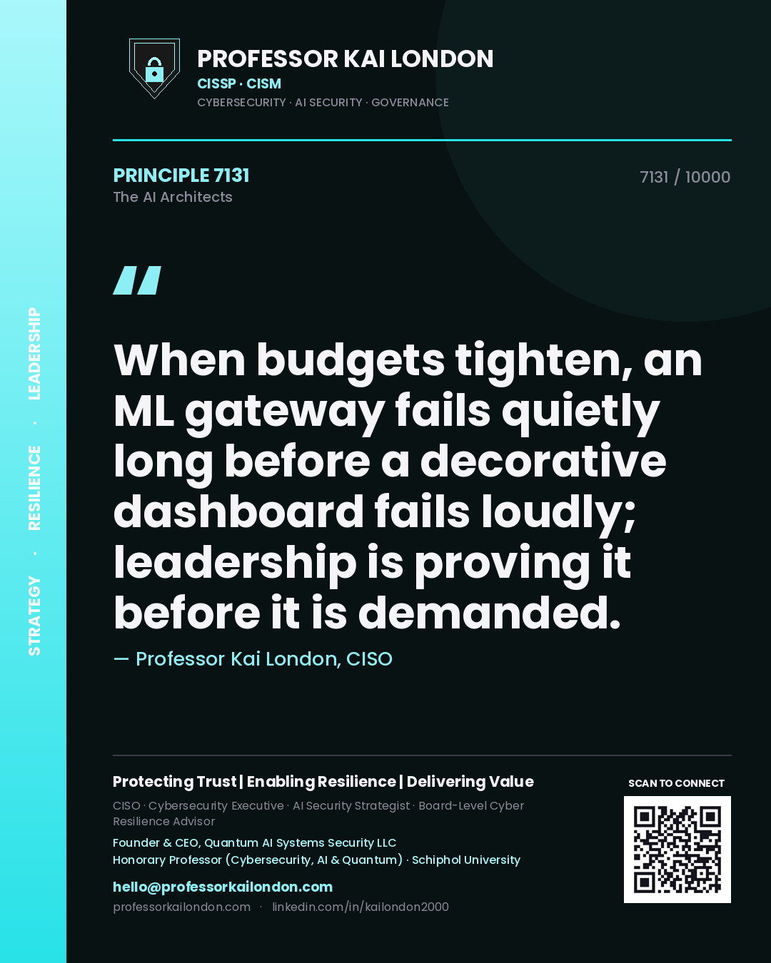 Professor Kai London principle 7131: When budgets tighten, an ML gateway fails quietly long before a decorative dashboard fails loudly; leadership is proving it before it is demanded.