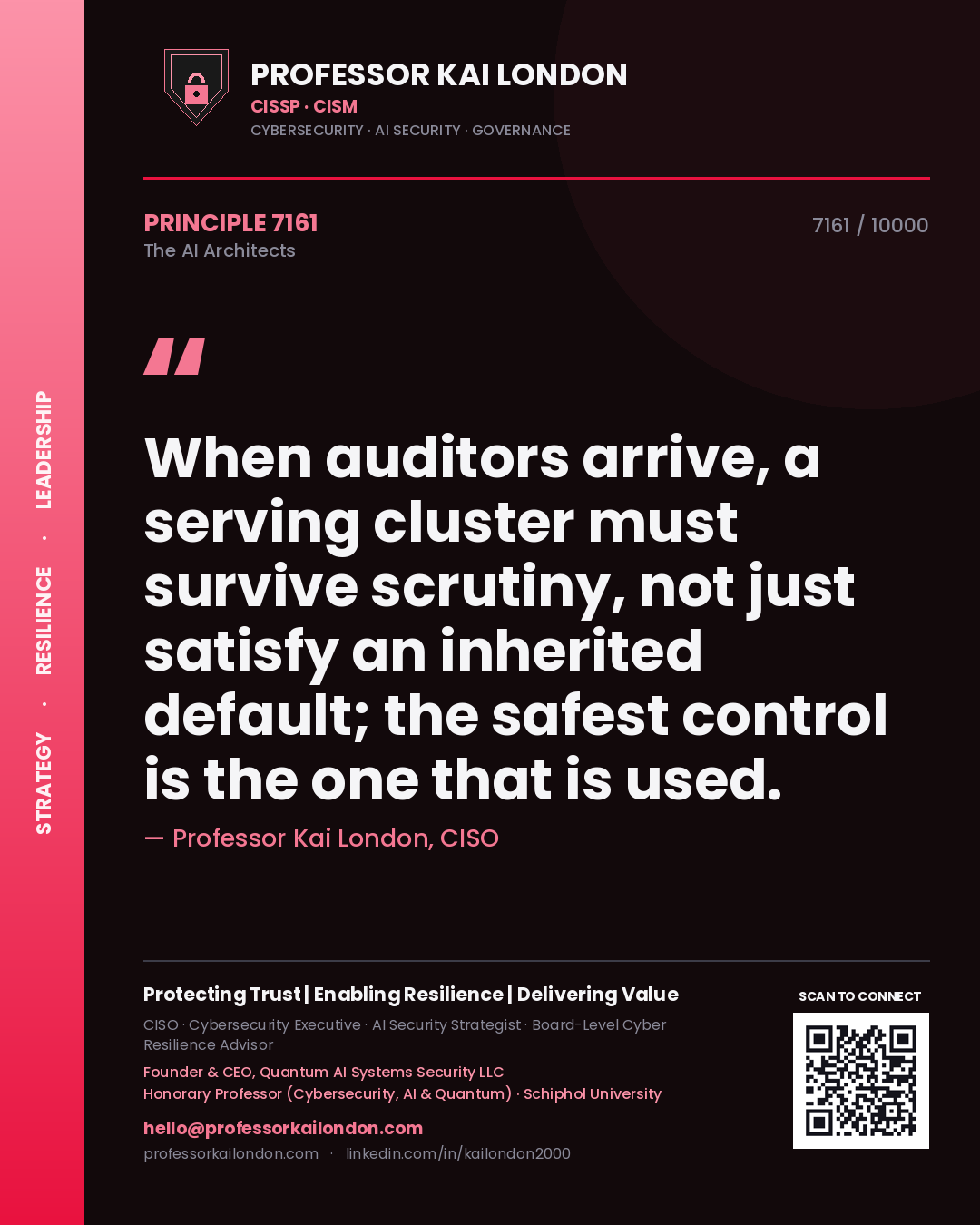 Professor Kai London principle 7161: When auditors arrive, a serving cluster must survive scrutiny, not just satisfy an inherited default; the safest control is the one that is used.